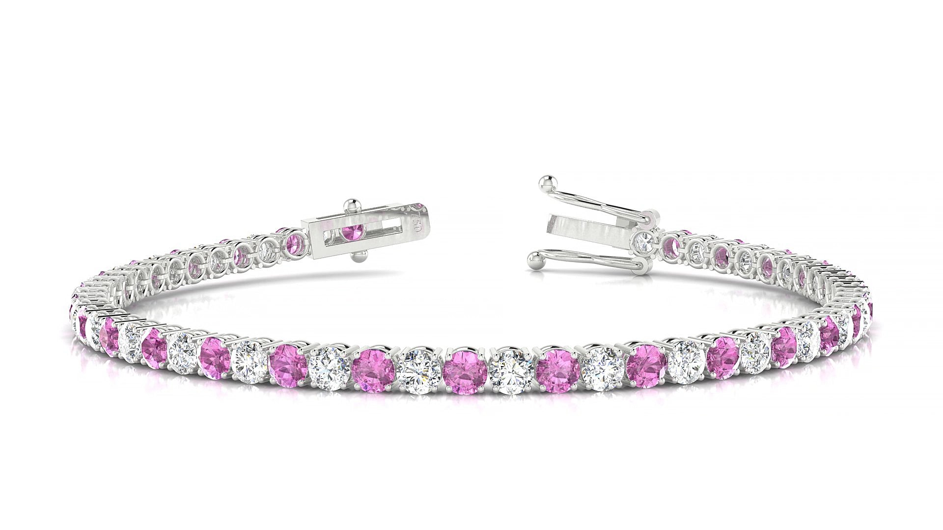 Capri 1-1 | 18k White Gold 3 mm Round Natural Pink Sapphire & Diamond 15 cm Tennis Bracelet