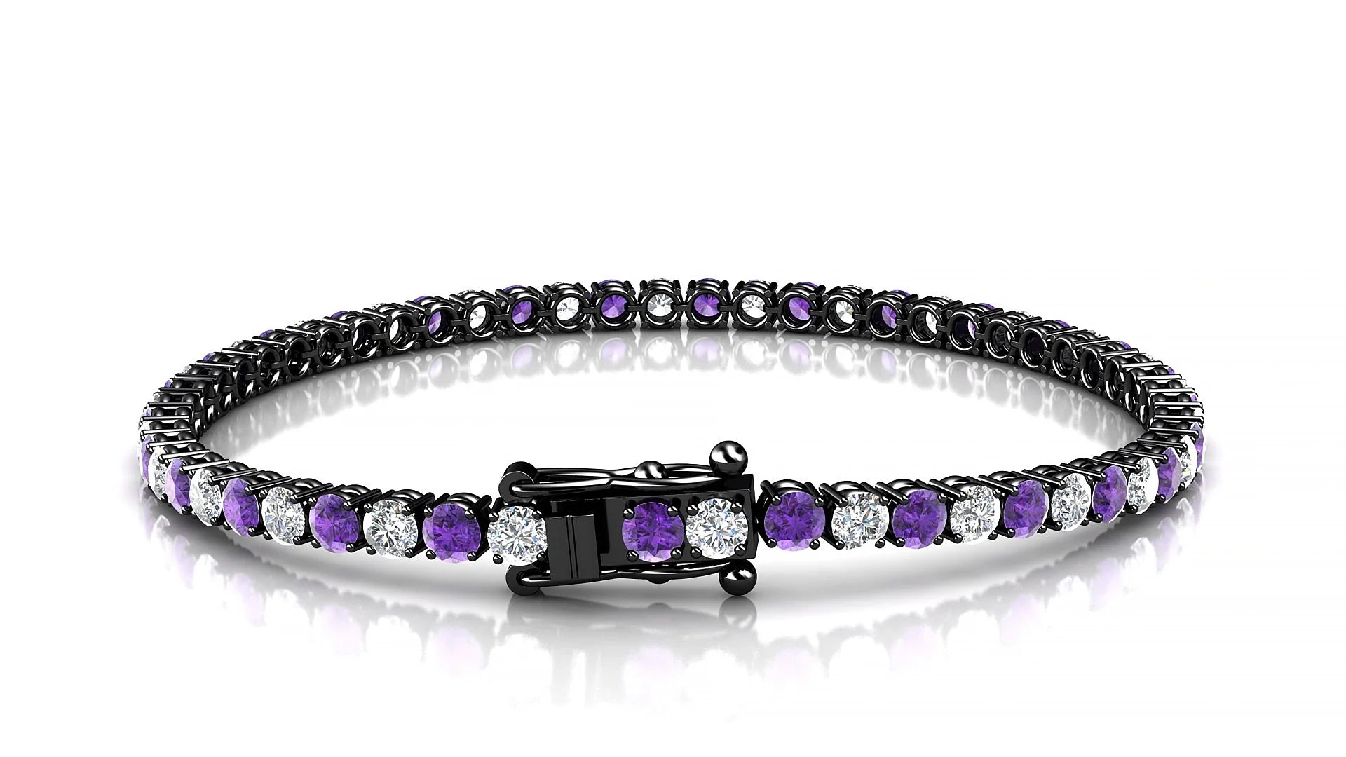 Capri 1-1 | 18k Black Gold 3 mm Round Natural Amethyst & Diamond Tennis Bracelet