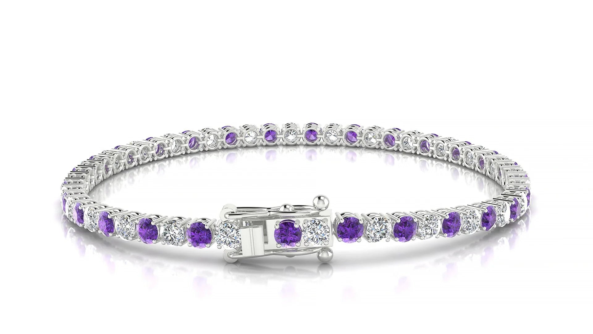 Capri 1-1 | 18k White Gold 3 mm Round Natural Amethyst & Diamond Tennis Bracelet
