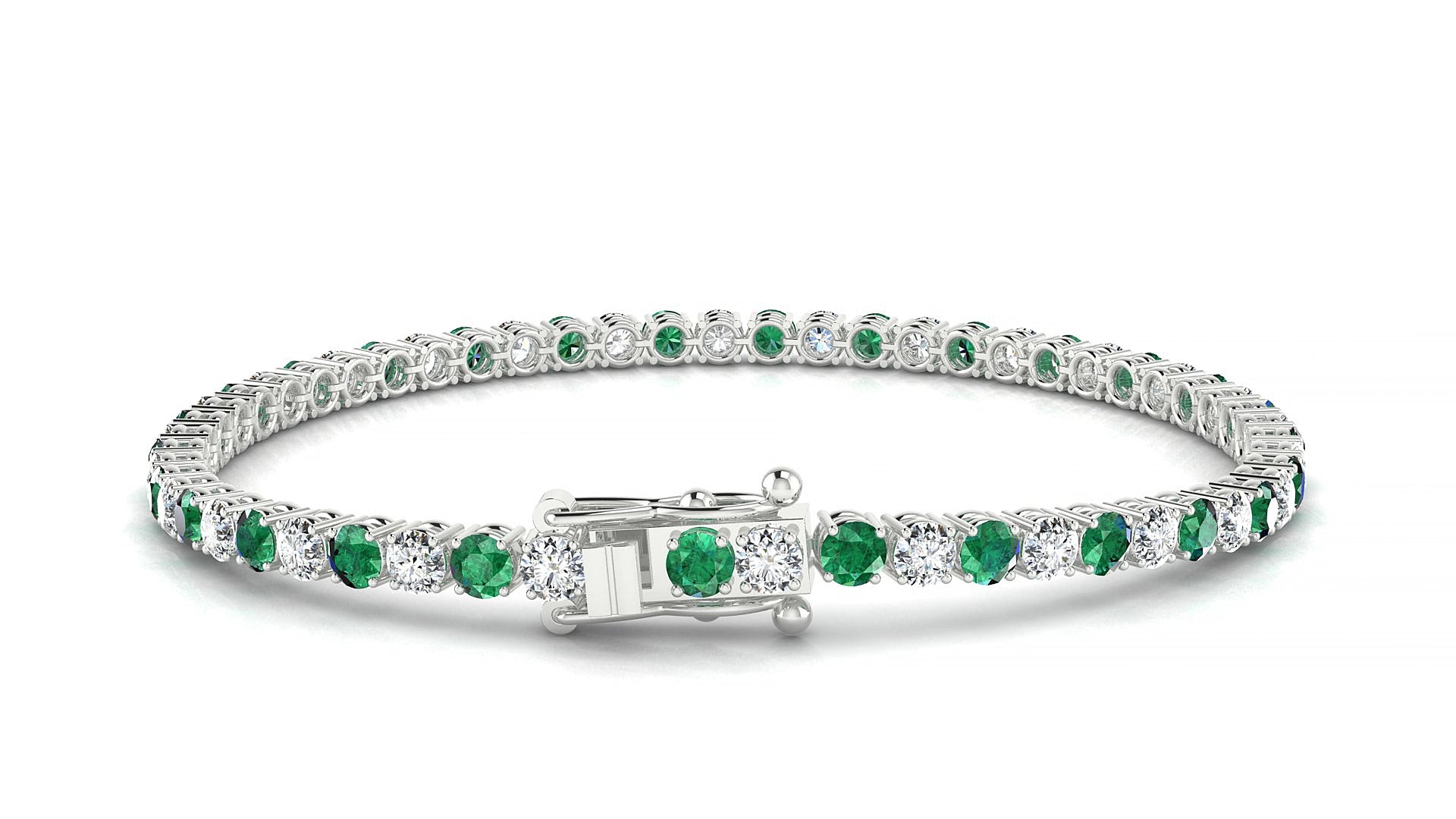 Capri 1-1 | 18k White Gold 3 mm Round Natural Emerald & Diamond 16 cm Tennis Bracelet