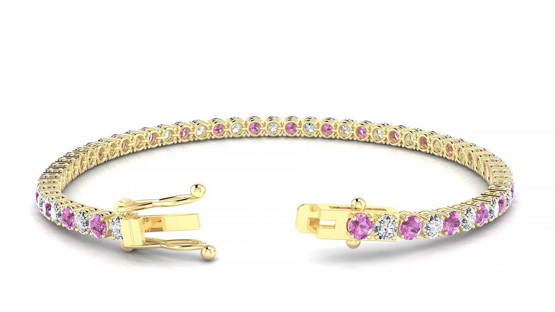 Capri 1-1 | 18k Yellow Gold 3 mm Round Natural Pink Sapphire & Diamond 15 cm Tennis Bracelet