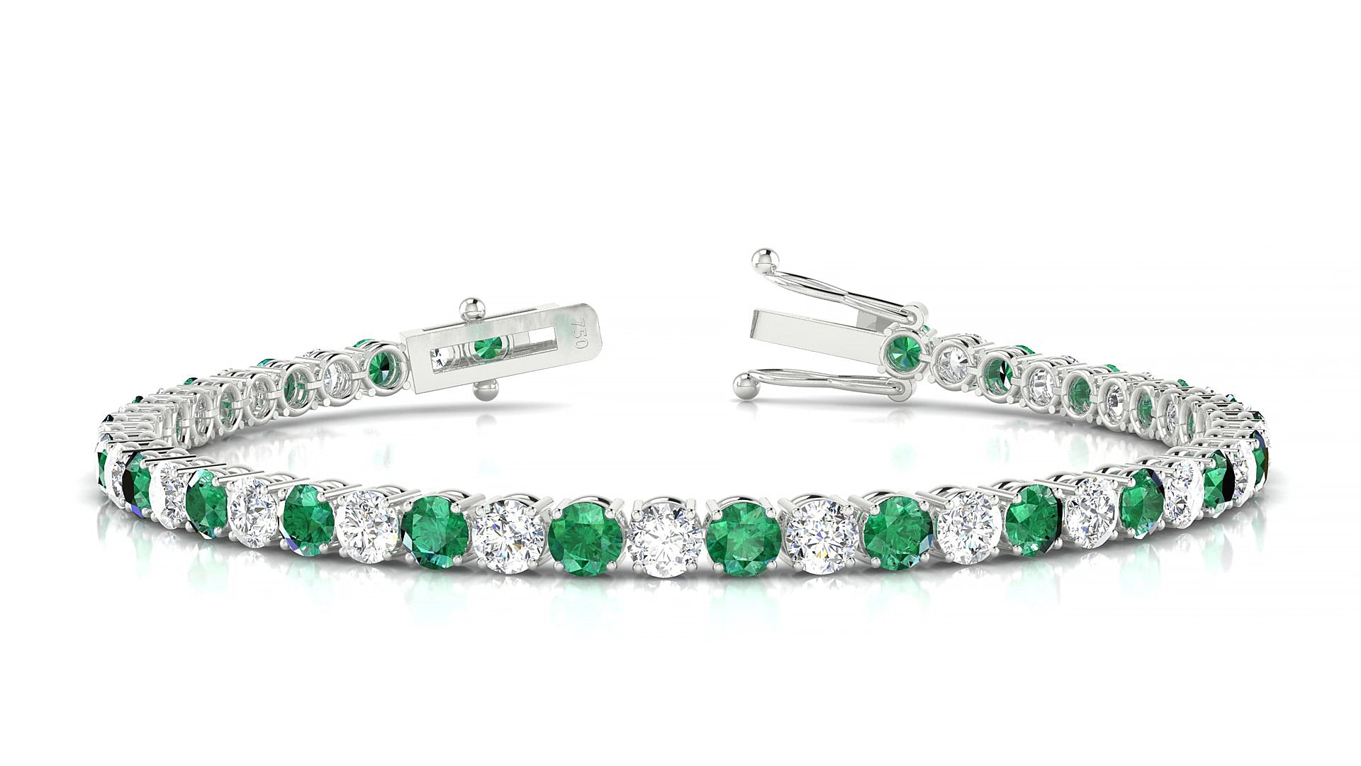 Capri 1-1 | 18k White Gold 3.4 mm Round Natural Emerald & Diamond 16 cm Tennis Bracelet