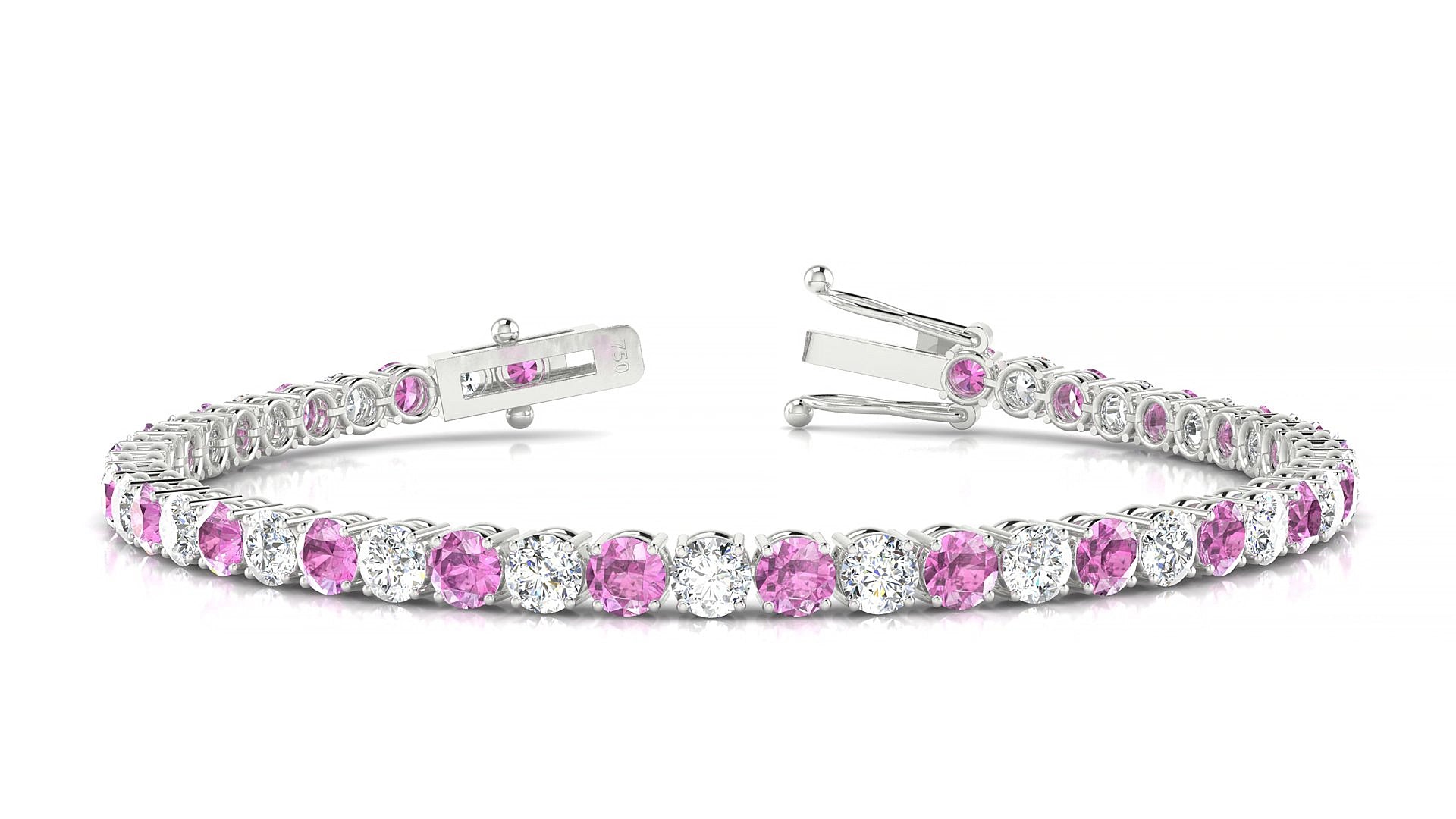 Capri 1-1 | 18k White Gold 3.4 mm Round Natural Pink Sapphire & Diamond 15 cm Tennis Bracelet