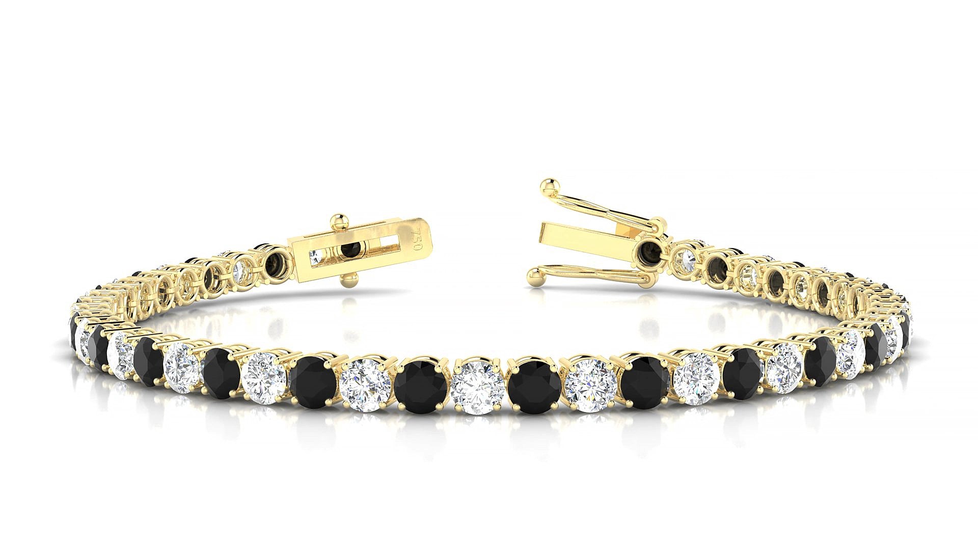 Capri 1-1 | 18k Yellow Gold 3.4 mm Round Natural Black Diamond & Diamond 19 cm Tennis Bracelet