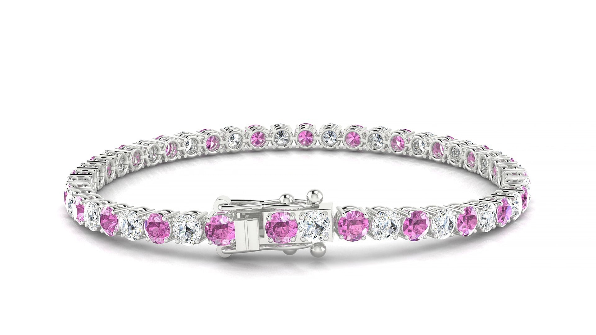 Capri 1-1 | 18k White Gold 3.4 mm Round Natural Pink Sapphire & Diamond 15 cm Tennis Bracelet