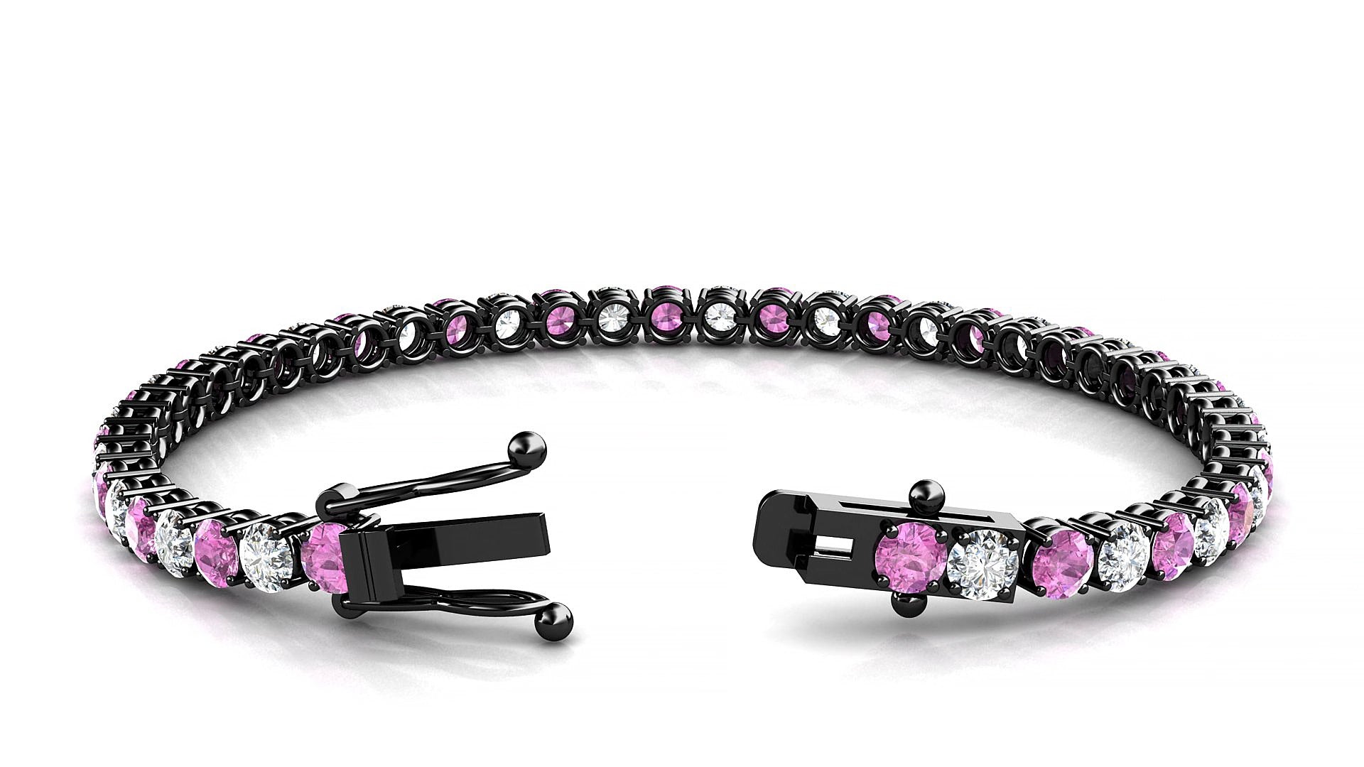 Capri 1-1 | 18k Black Gold 3.4 mm Round Natural Pink Sapphire & Diamond 15 cm Tennis Bracelet