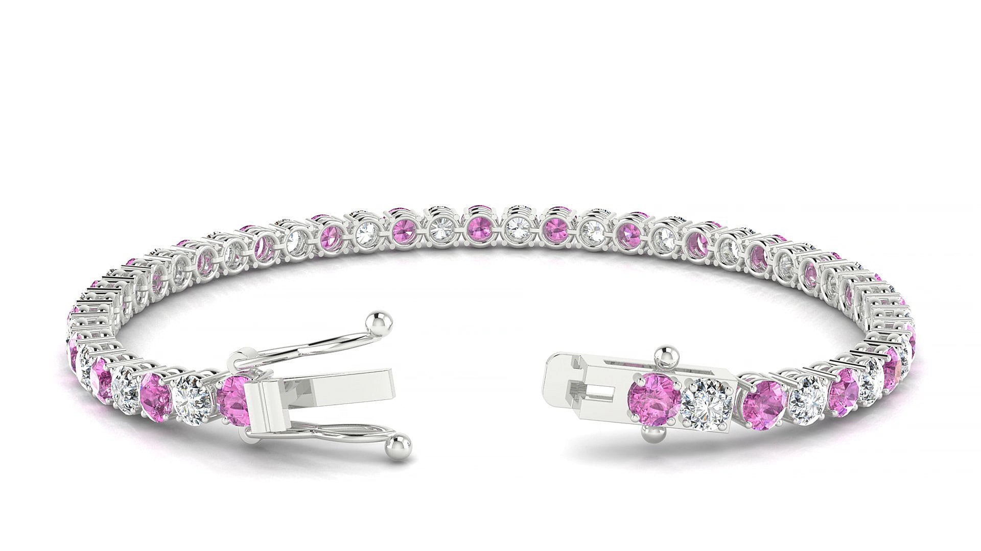Capri 1-1 | 18k White Gold 3.4 mm Round Natural Pink Sapphire & Diamond 15 cm Tennis Bracelet
