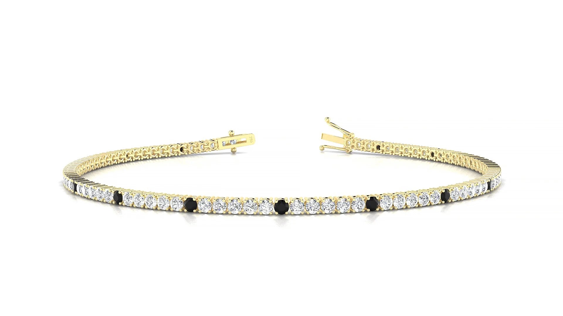 Capri 1-5 | 18k Yellow Gold 1.7 mm Round Natural Black Diamond & Diamond Tennis Bracelet
