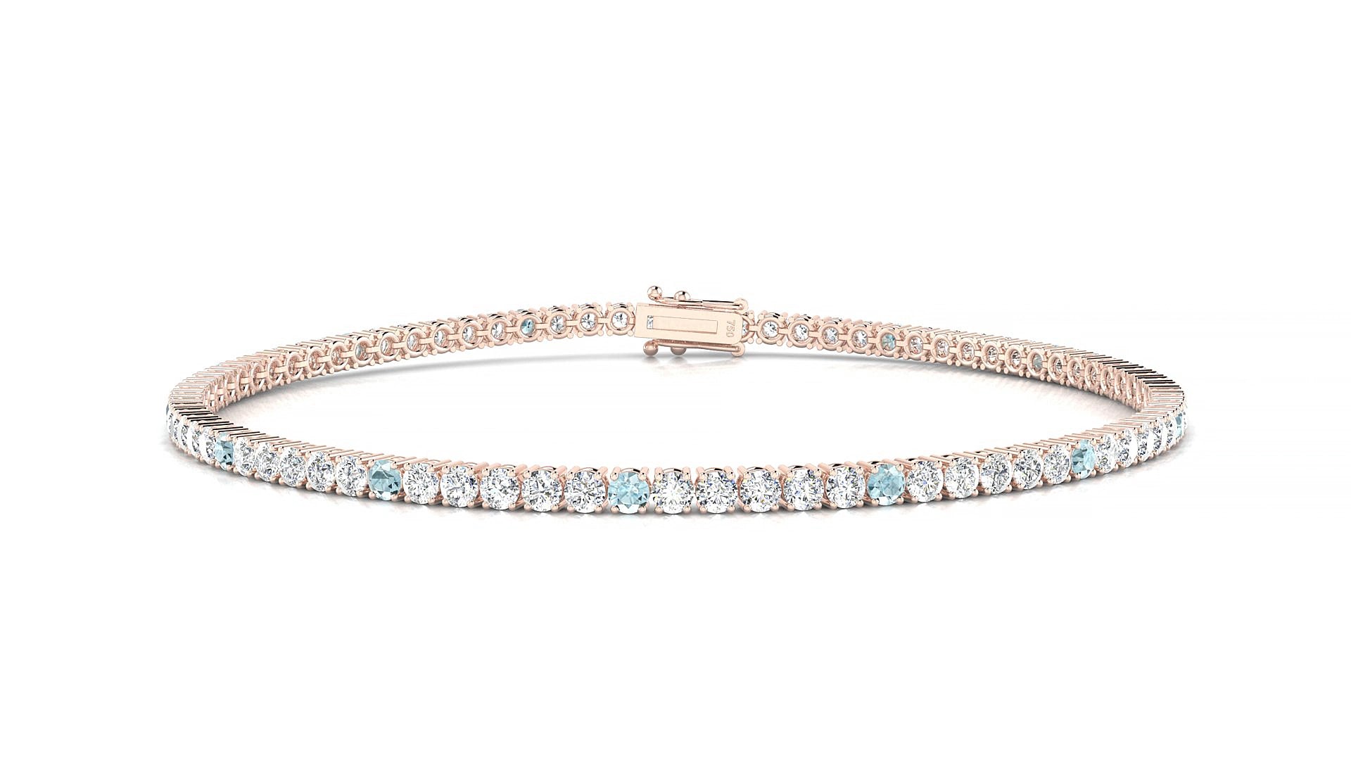 Capri 1-5 | 18k Rose Gold 2 mm Round Natural Aquamarine & Diamond 18 cm Tennis Bracelet