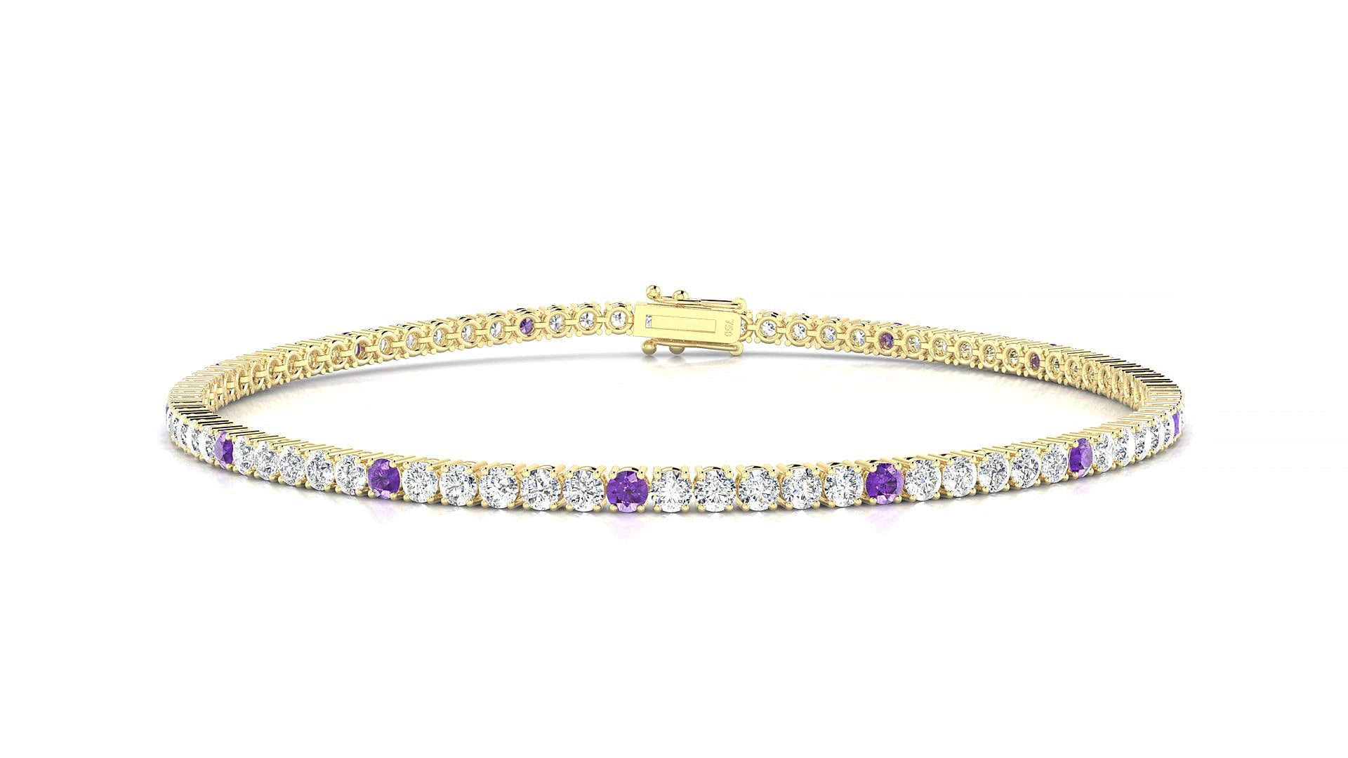 Capri 1-5 | 18k Yellow Gold 2 mm Round Natural Amethyst & Diamond 15 cm Tennis Bracelet