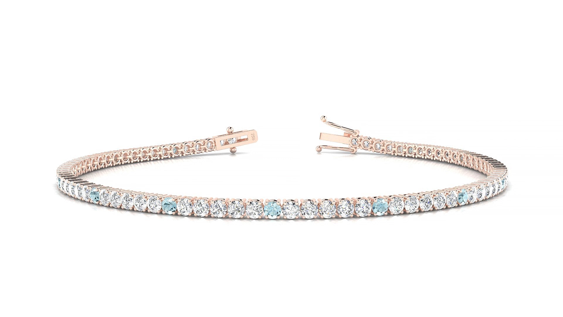 Capri 1-5 | 18k Rose Gold 2 mm Round Natural Aquamarine & Diamond 15 cm Tennis Bracelet
