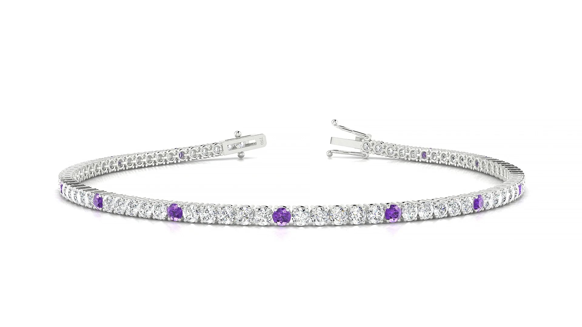 Capri 1-5 | 18k White Gold 2 mm Round Natural Amethyst & Diamond Tennis Bracelet