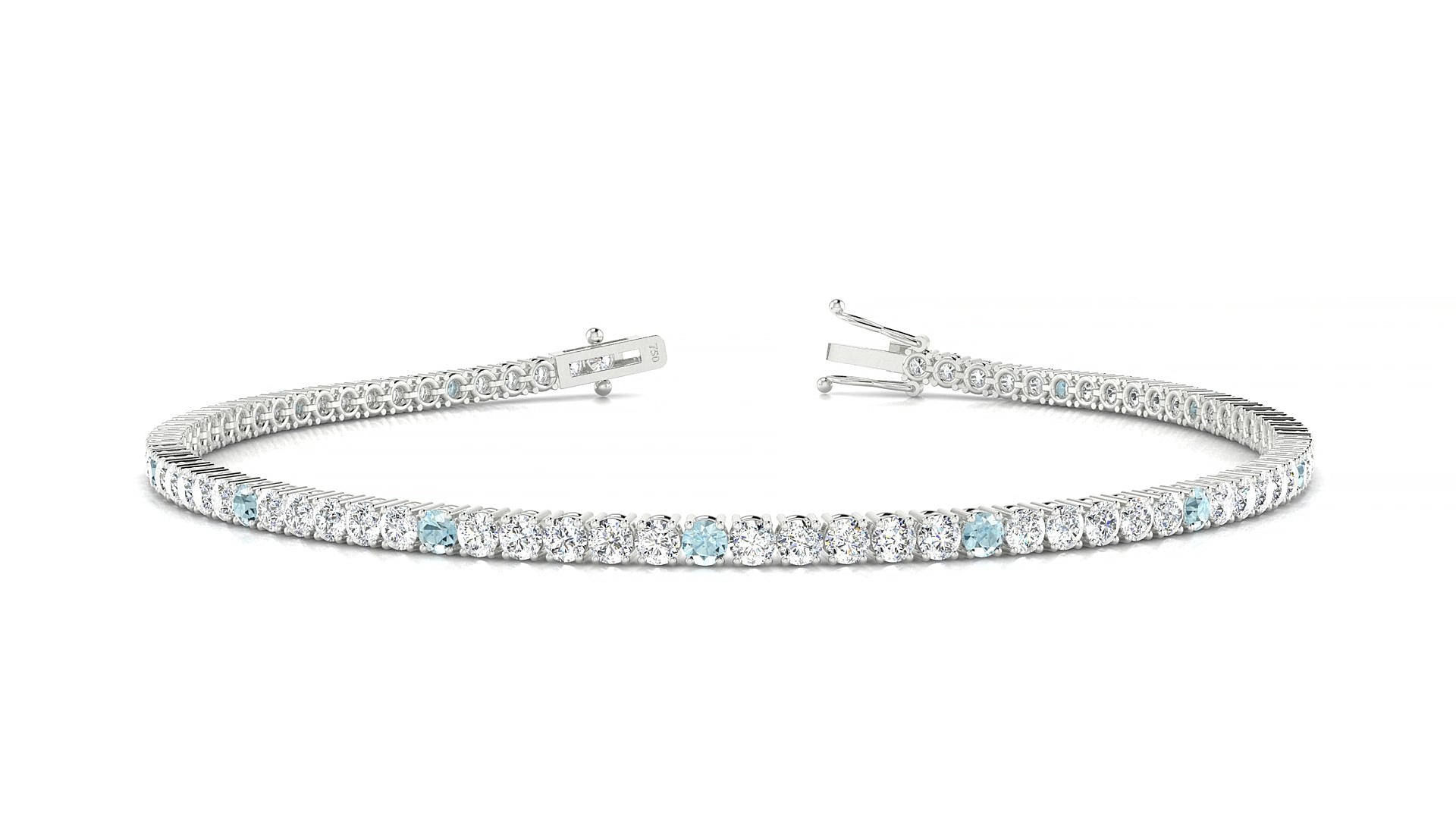 Capri 1-5 | 18k White Gold 2 mm Round Natural Aquamarine & Diamond 20 cm Tennis Bracelet