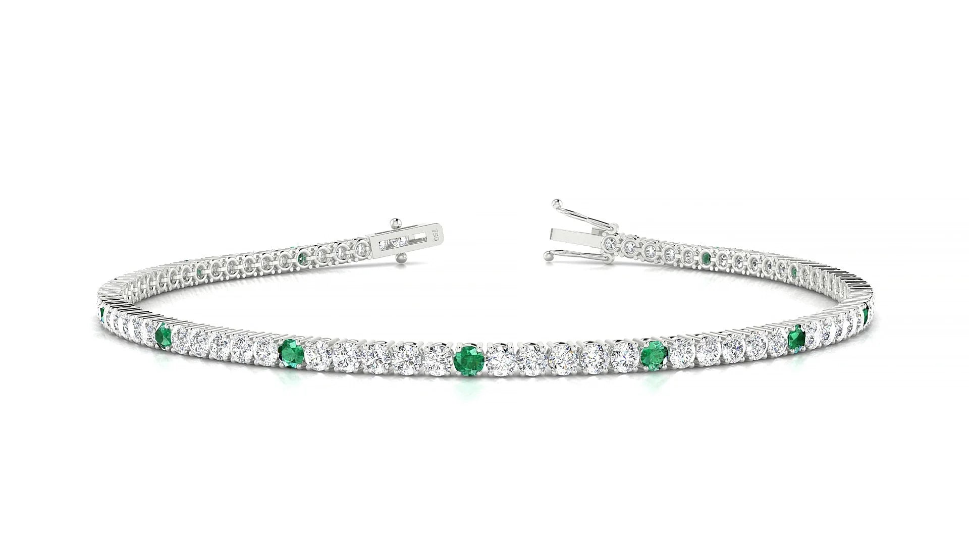 Capri 1-5 | 18k White Gold 2 mm Round Natural Emerald & Diamond Tennis Bracelet