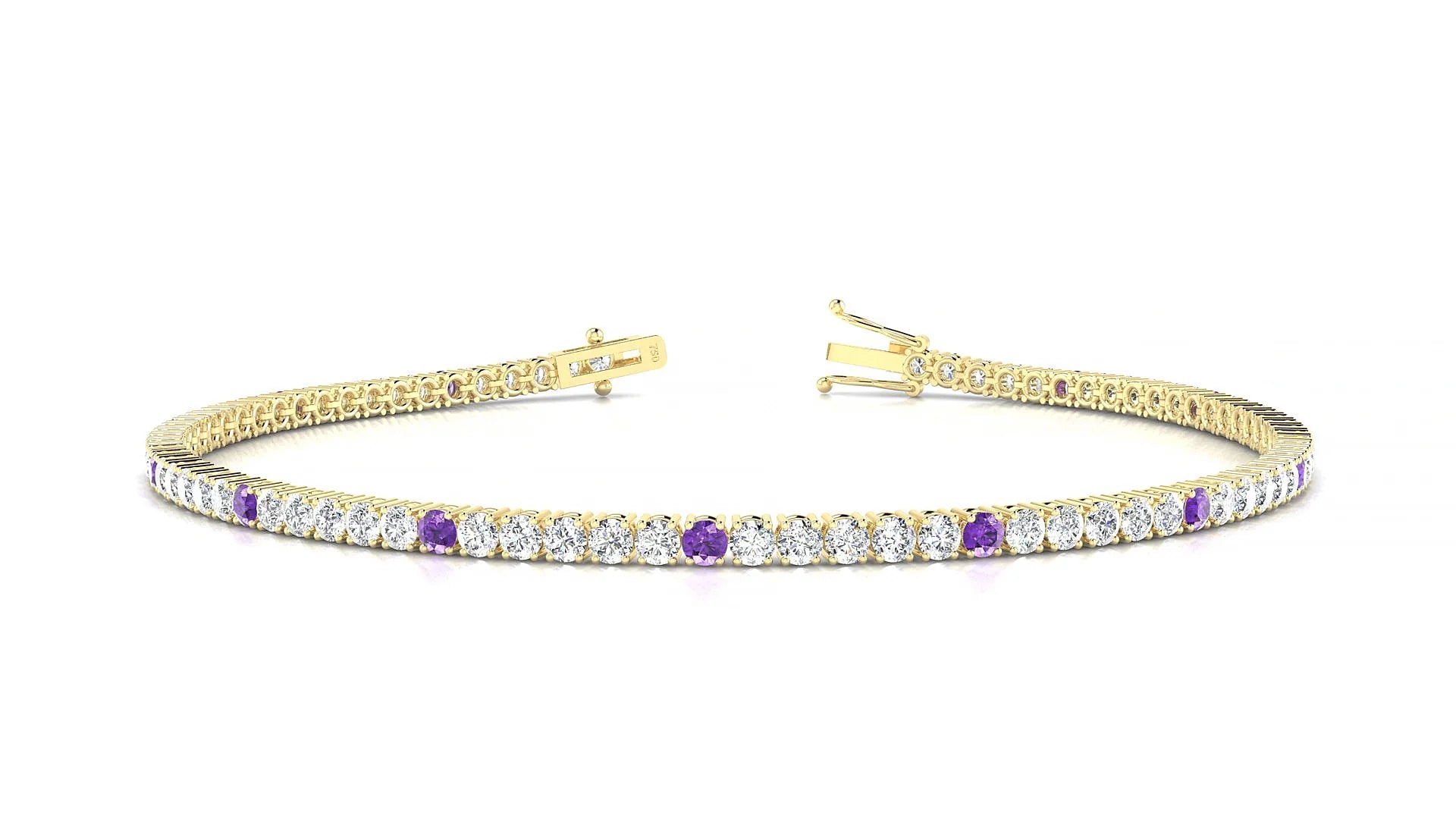 Capri 1-5 | 18k Yellow Gold 2 mm Round Natural Amethyst & Diamond Tennis Bracelet