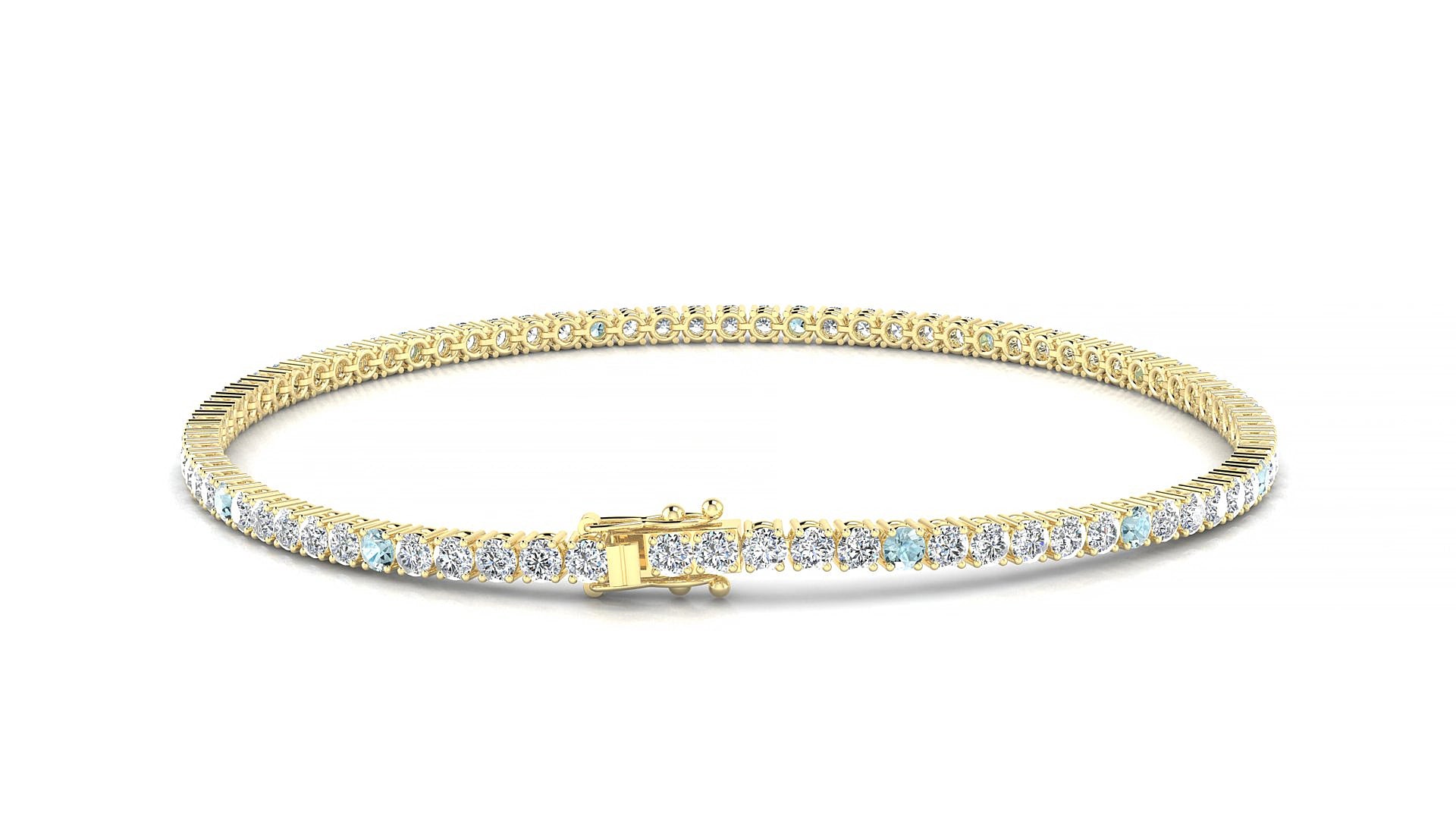 Capri 1-5 | 18k Yellow Gold 2 mm Round Natural Aquamarine & Diamond 16 cm Tennis Bracelet