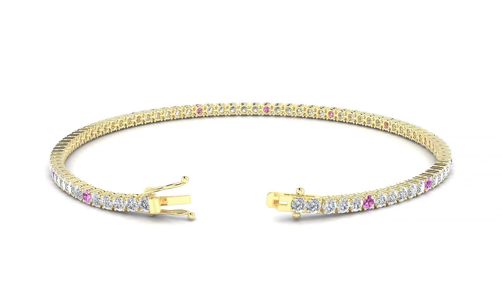 Capri 1-5 | 18k Yellow Gold 2 mm Round Natural Pink Sapphire & Diamond 15 cm Tennis Bracelet