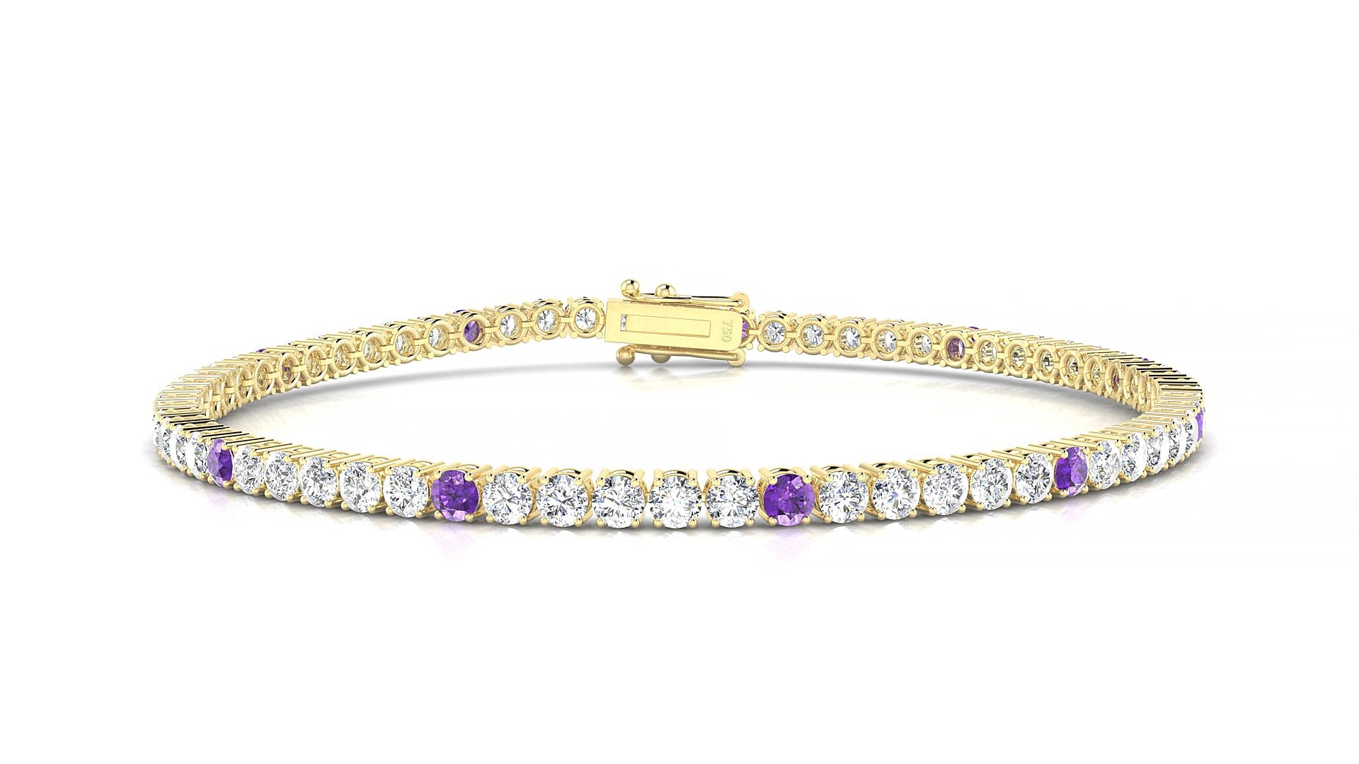 Capri 1-5 | 18k Yellow Gold 2.5 mm Round Natural Amethyst & Diamond 15 cm Tennis Bracelet