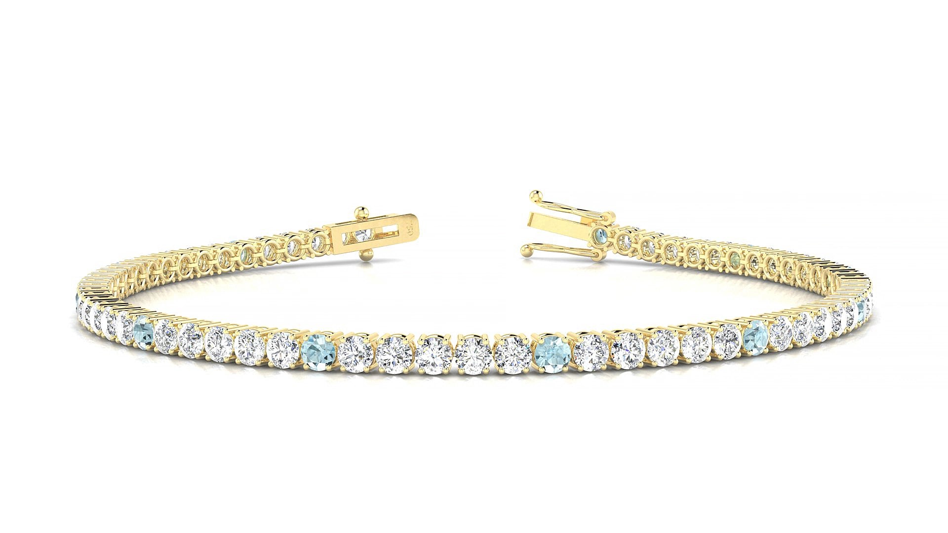 Capri 1-5 | 18k Yellow Gold 2.5 mm Round Natural Aquamarine & Diamond 18 cm Tennis Bracelet