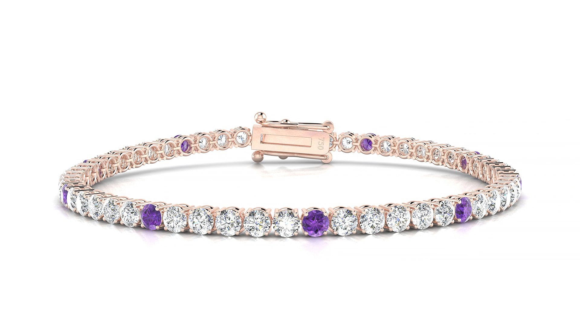 Capri 1-5 | 18k Rose Gold 3 mm Round Natural Amethyst & Diamond 15 cm Tennis Bracelet