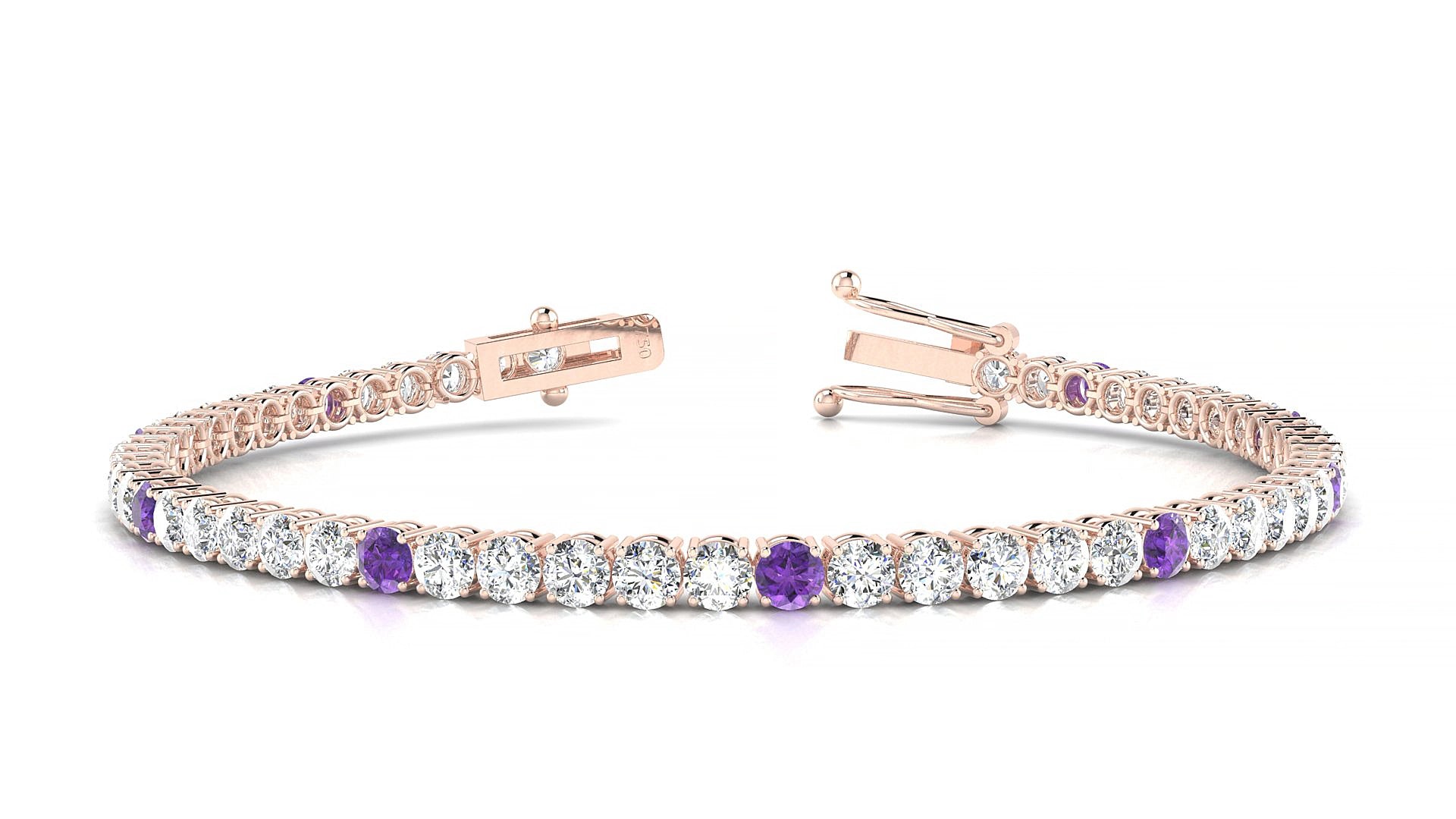 Capri 1-5 | 18k Rose Gold 3 mm Round Natural Amethyst & Diamond 20 cm Tennis Bracelet