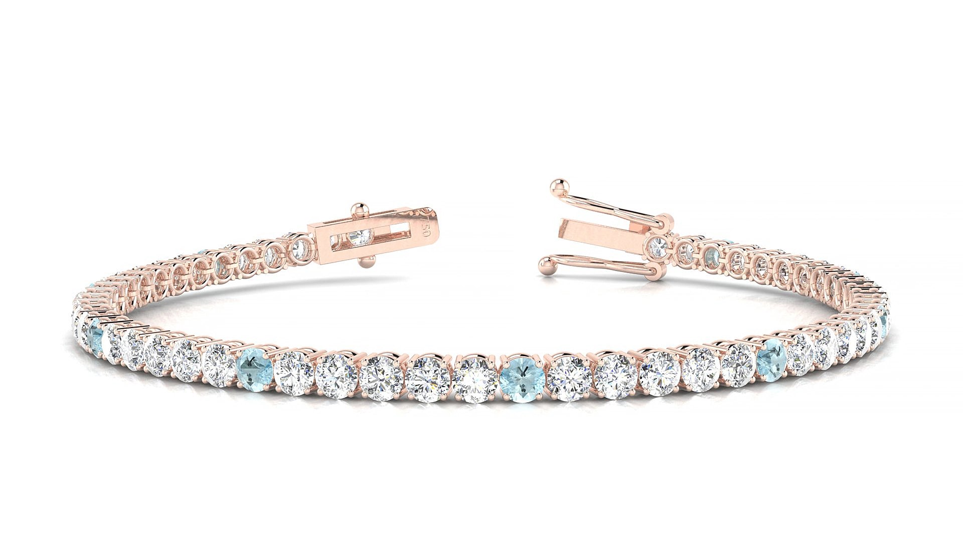 Capri 1-5 | 18k Rose Gold 3 mm Round Natural Aquamarine & Diamond 15 cm Tennis Bracelet
