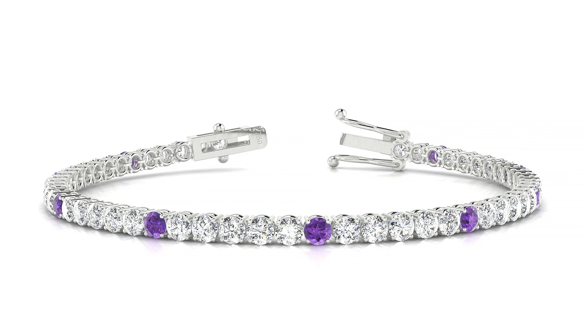 Capri 1-5 | 18k White Gold 3 mm Round Natural Amethyst & Diamond Tennis Bracelet