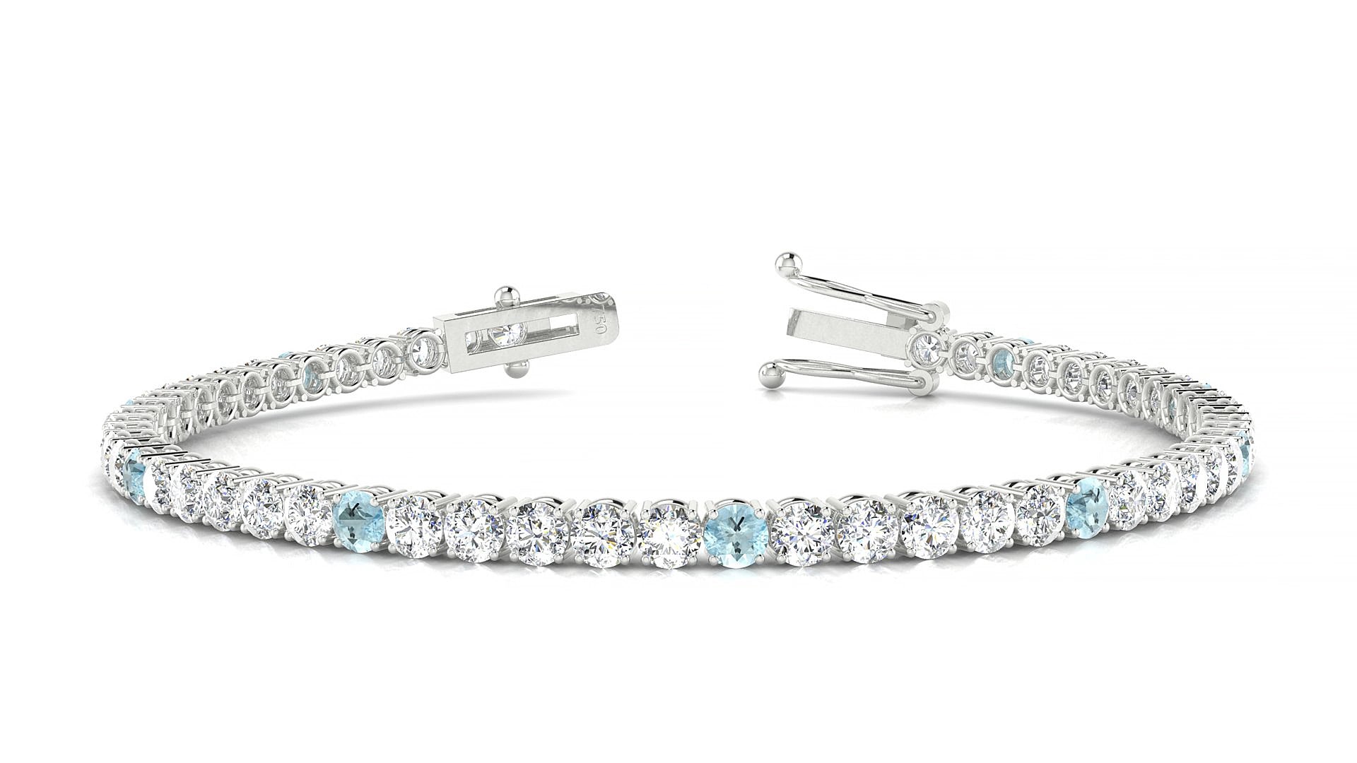 Capri 1-5 | 18k White Gold 3 mm Round Natural Aquamarine & Diamond 15 cm Tennis Bracelet