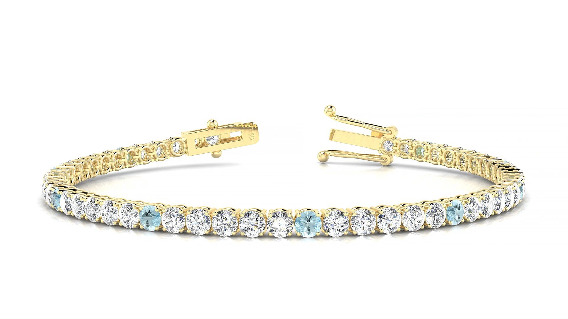 Capri 1-5 | 18k Yellow Gold 3 mm Round Natural Aquamarine & Diamond 15 cm Tennis Bracelet