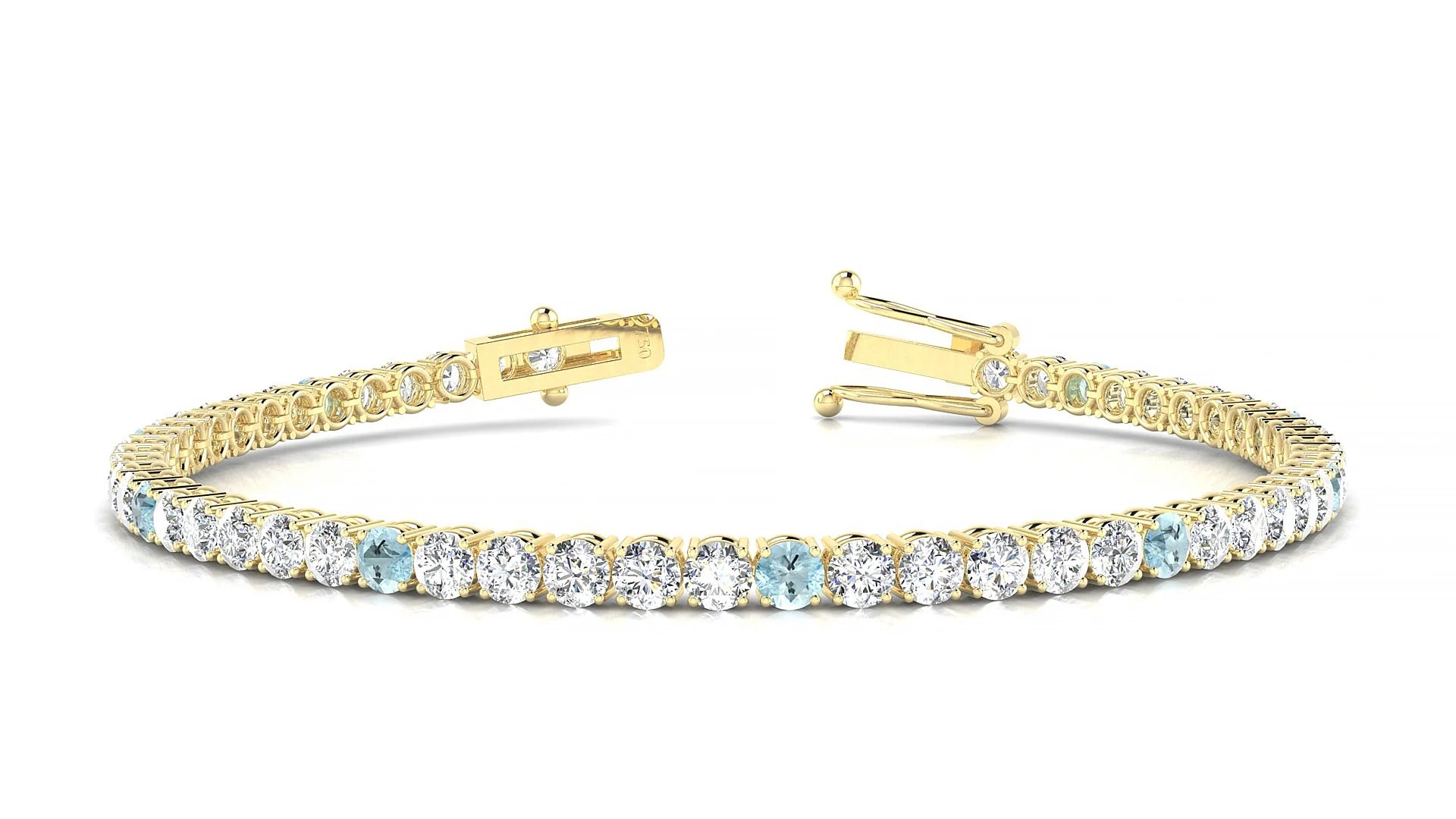 Capri 1-5 | 18k Yellow Gold 3 mm Round Natural Aquamarine & Diamond Tennis Bracelet