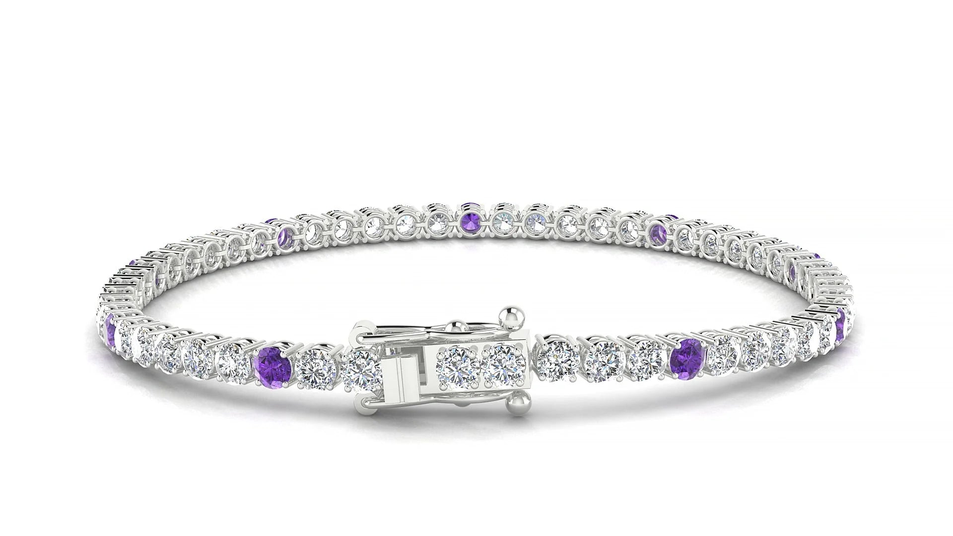 Capri 1-5 | 18k White Gold 3 mm Round Natural Amethyst & Diamond Tennis Bracelet
