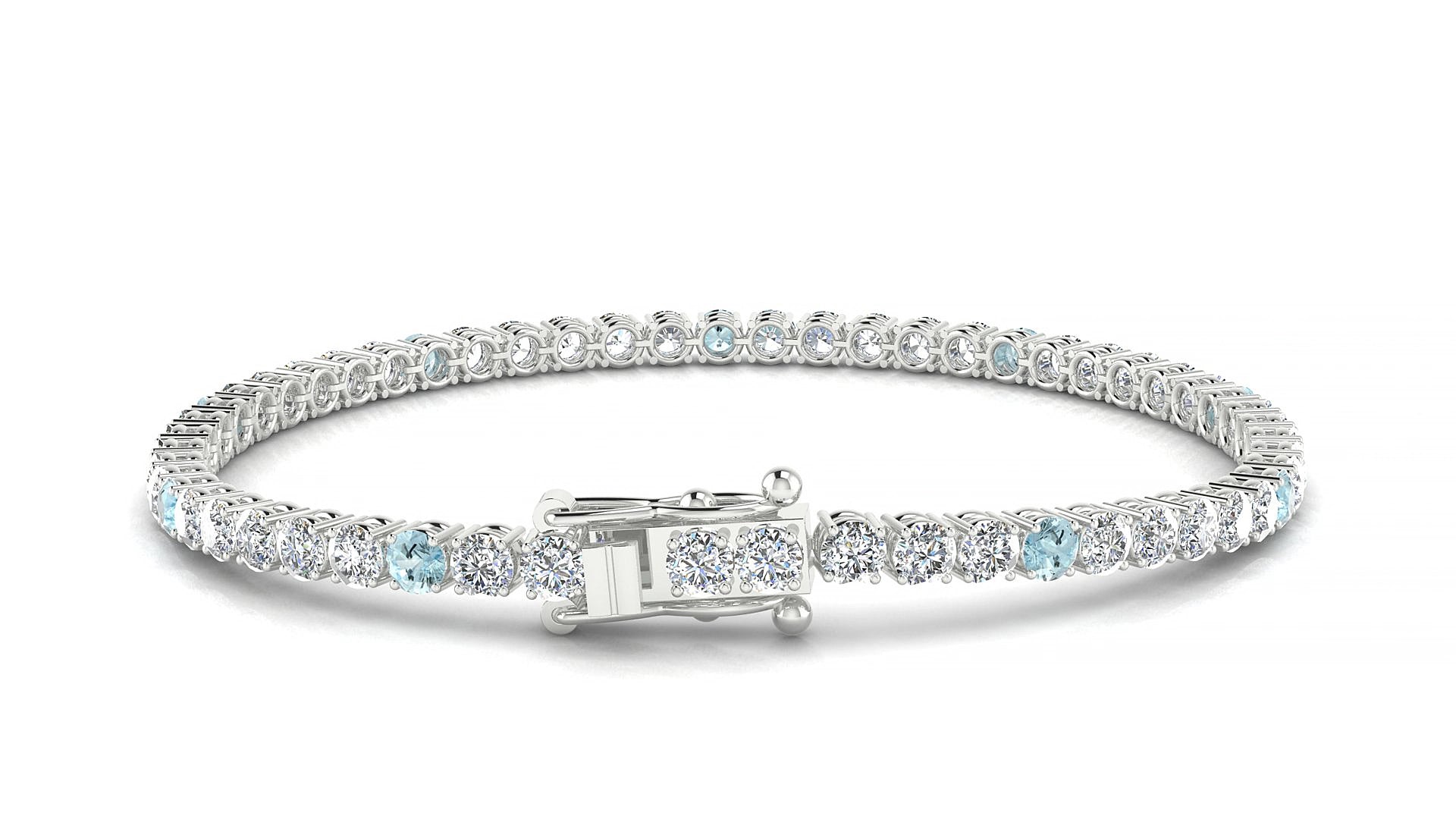Capri 1-5 | 18k White Gold 3 mm Round Natural Aquamarine & Diamond 15 cm Tennis Bracelet