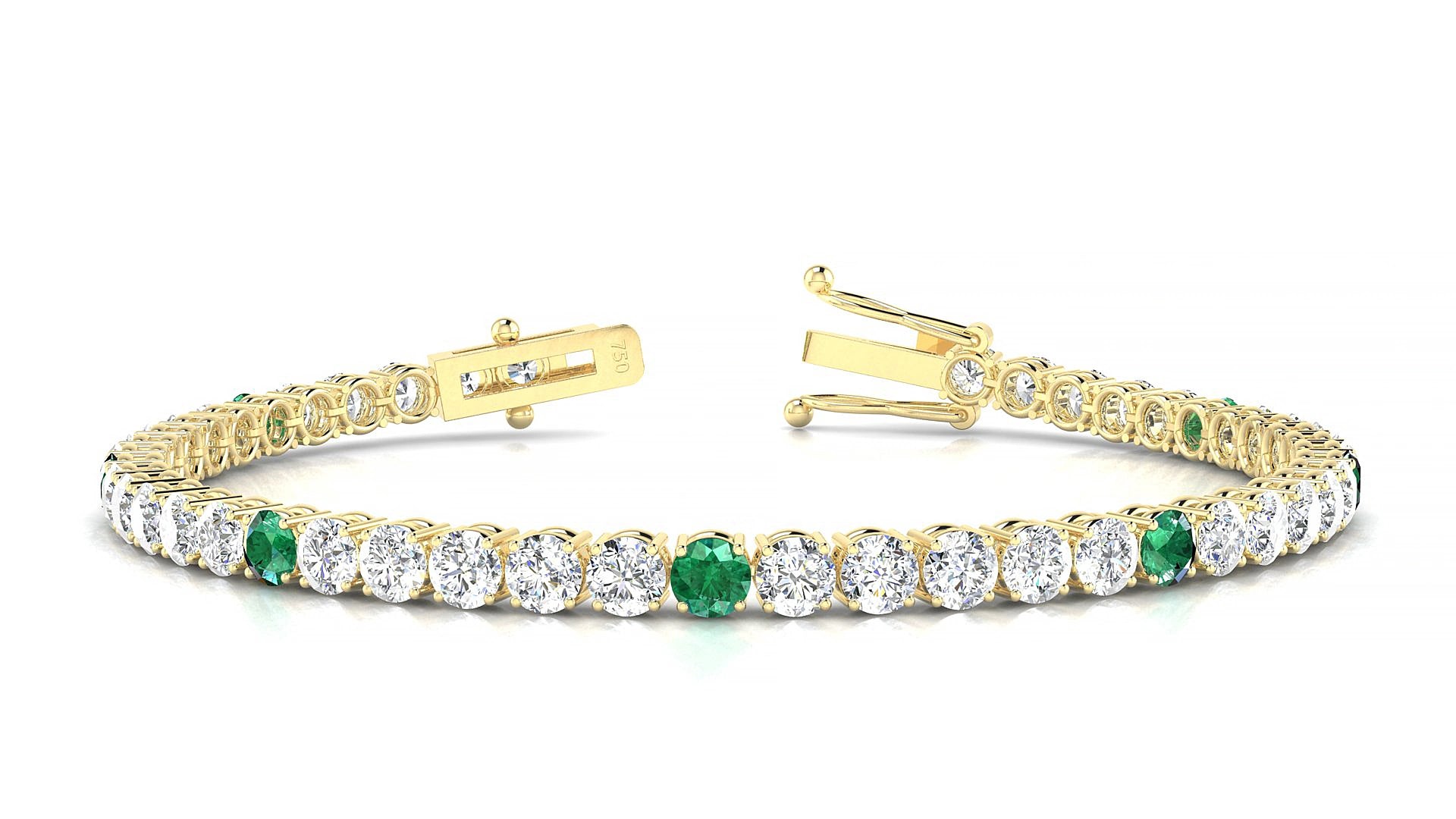 Capri 1-5 | 18k Yellow Gold 3.4 mm Round Natural Emerald & Diamond 15 cm Tennis Bracelet