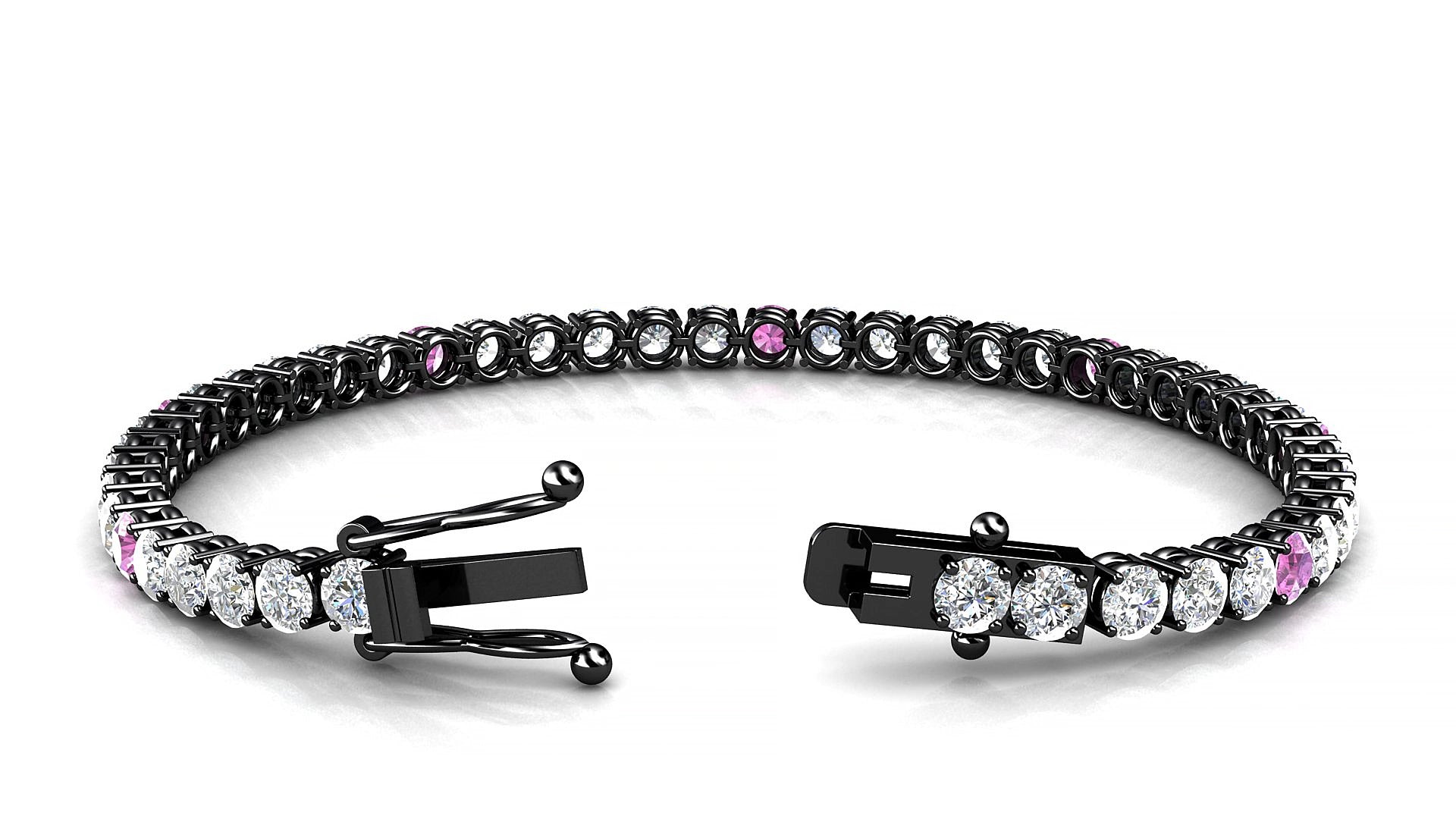 Capri 1-5 | 18k Black Gold 3.4 mm Round Natural Pink Sapphire & Diamond 17 cm Tennis Bracelet