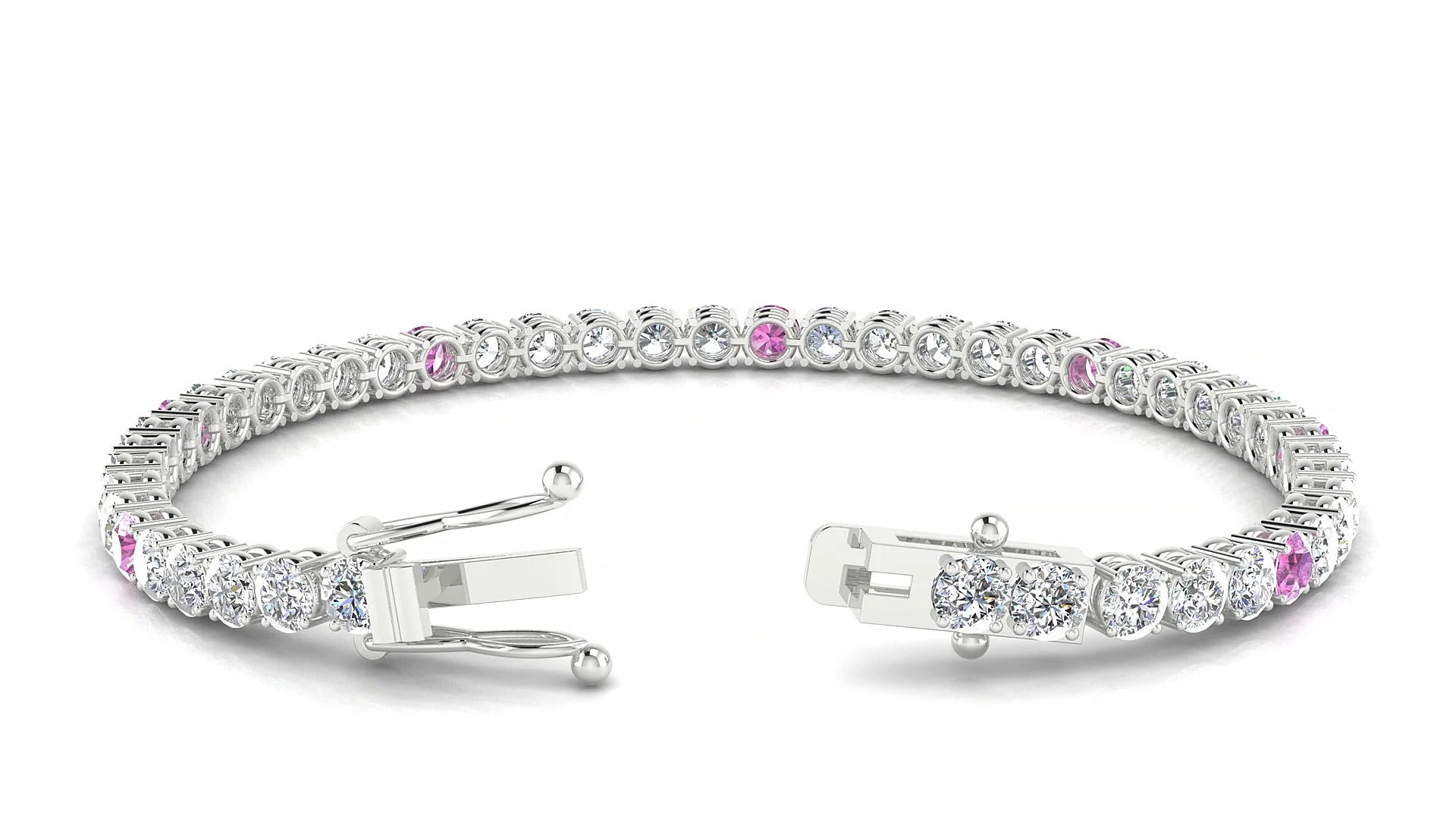 Capri 1-5 | 18k White Gold 3.4 mm Round Natural Pink Sapphire & Diamond Tennis Bracelet