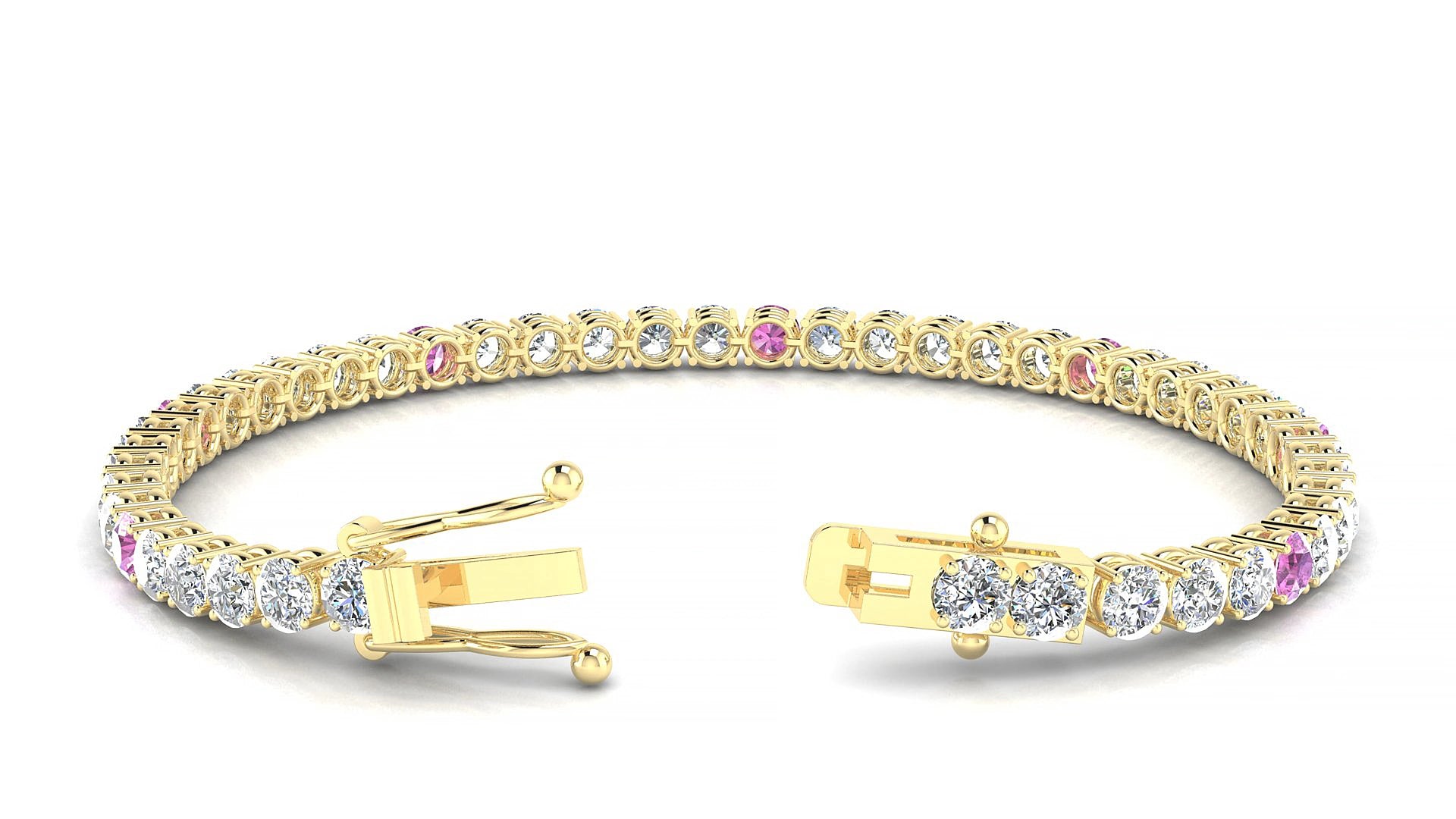 Capri 1-5 | 18k Yellow Gold 3.4 mm Round Natural Pink Sapphire & Diamond 19 cm Tennis Bracelet