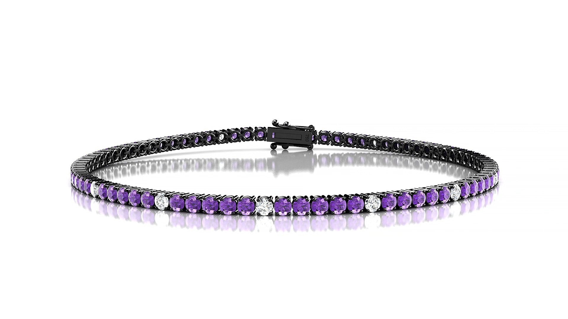 Capri 5-1 | 18k Black Gold 2 mm Round Natural Amethyst & Diamond 15 cm Tennis Bracelet