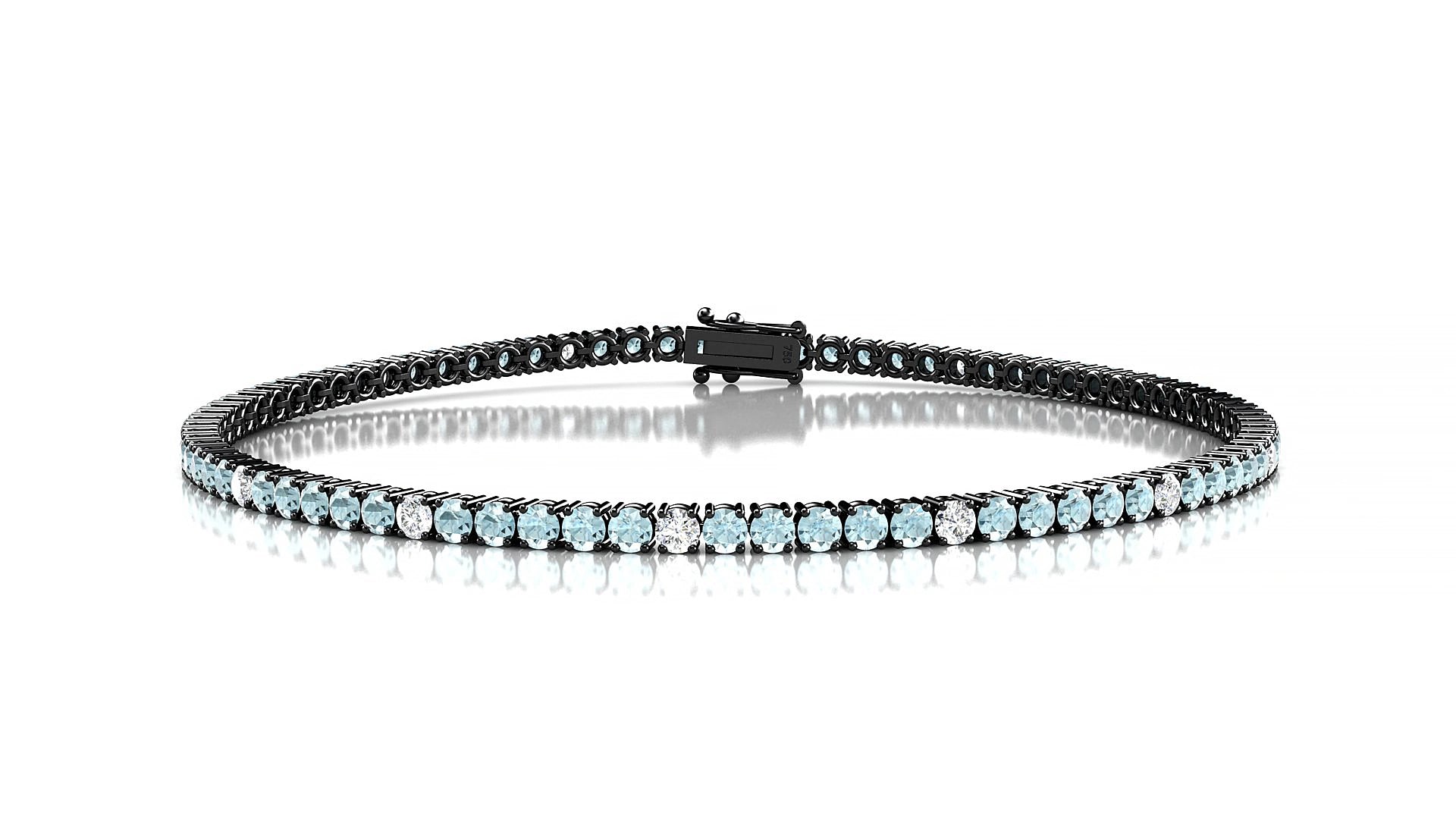 Capri 5-1 | 18k Black Gold 2 mm Round Natural Aquamarine & Diamond 15 cm Tennis Bracelet