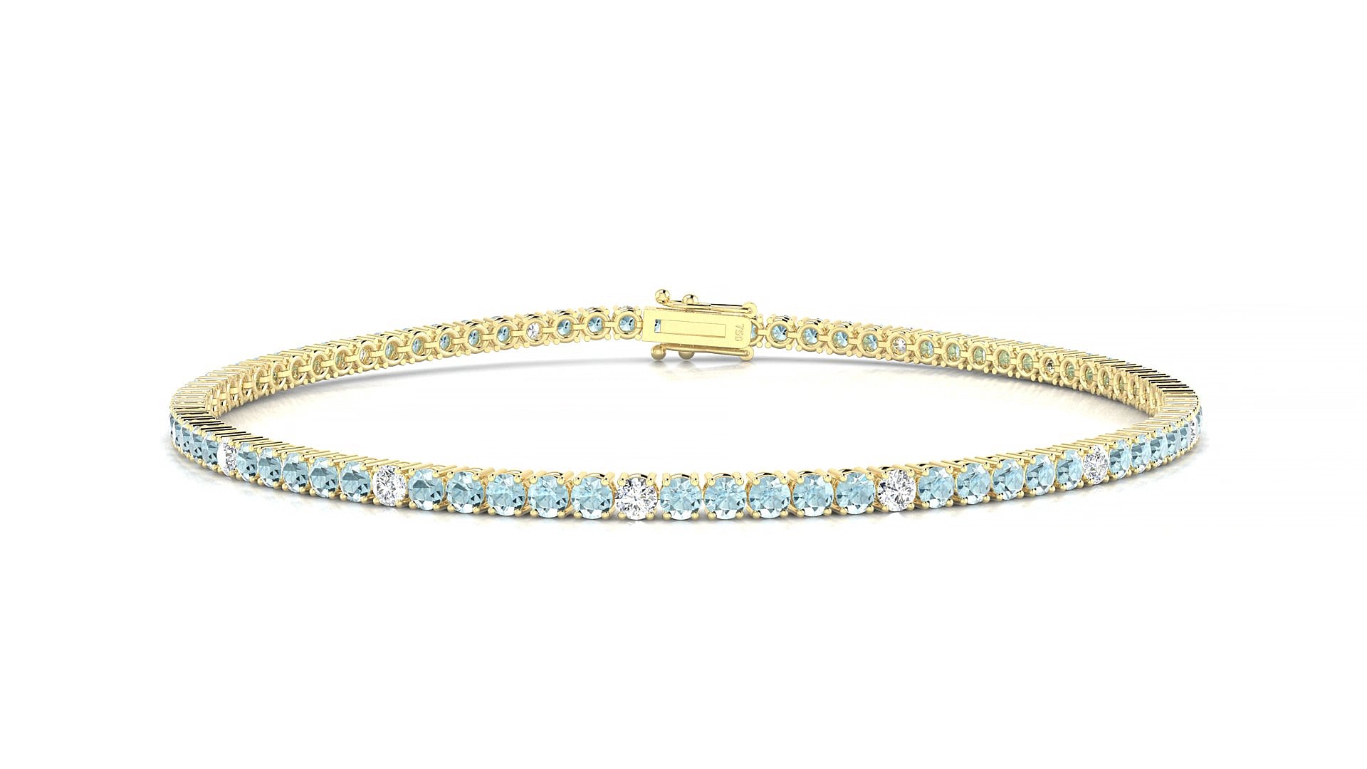 Capri 5-1 | 18k Yellow Gold 2 mm Round Natural Aquamarine & Diamond 15 cm Tennis Bracelet