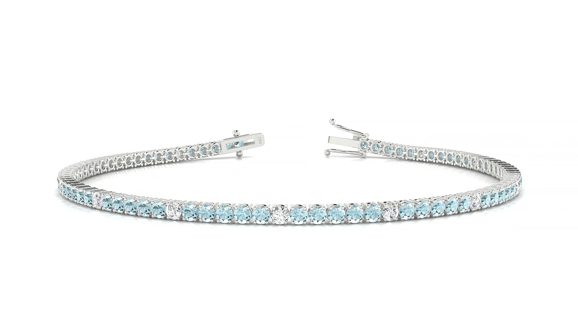 Capri 5-1 | 18k White Gold 2 mm Round Natural Aquamarine & Diamond 18 cm Tennis Bracelet