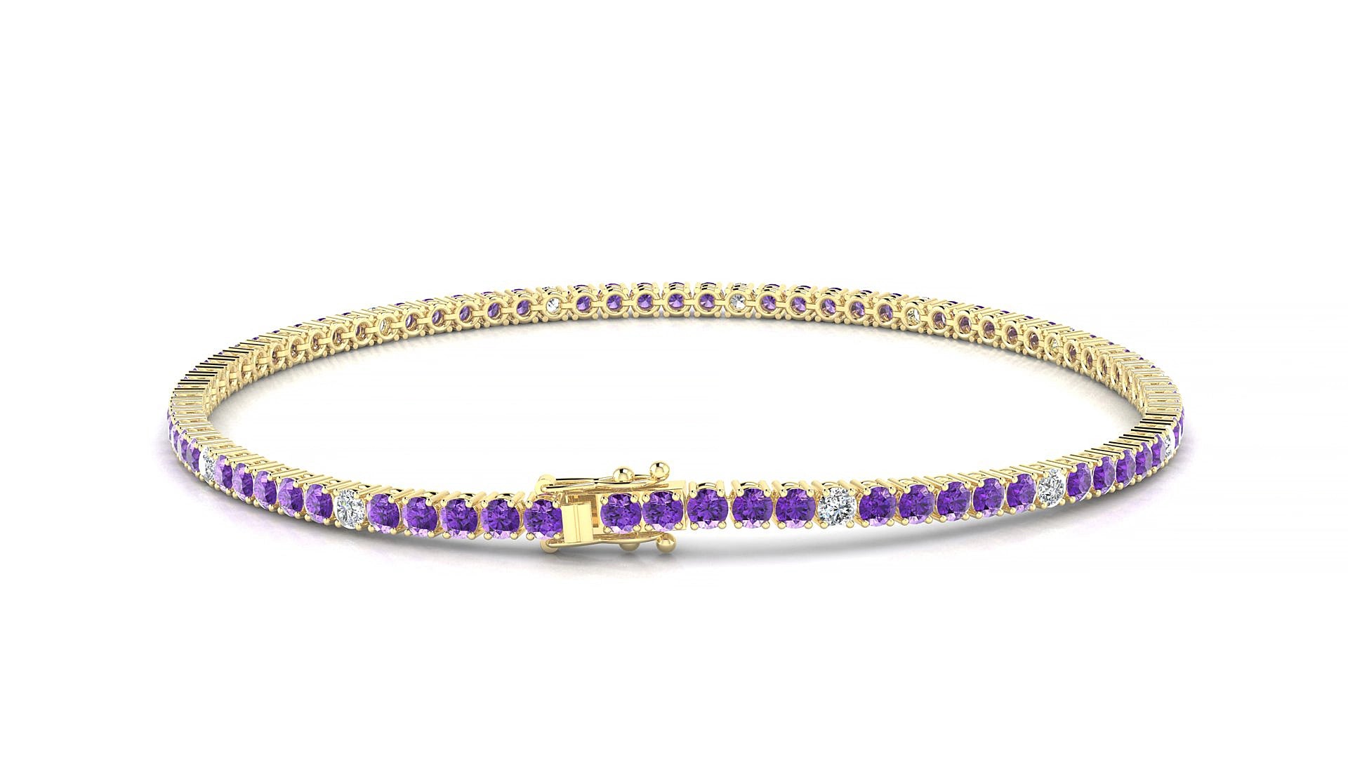 Capri 5-1 | 18k Yellow Gold 2 mm Round Natural Amethyst & Diamond 15 cm Tennis Bracelet