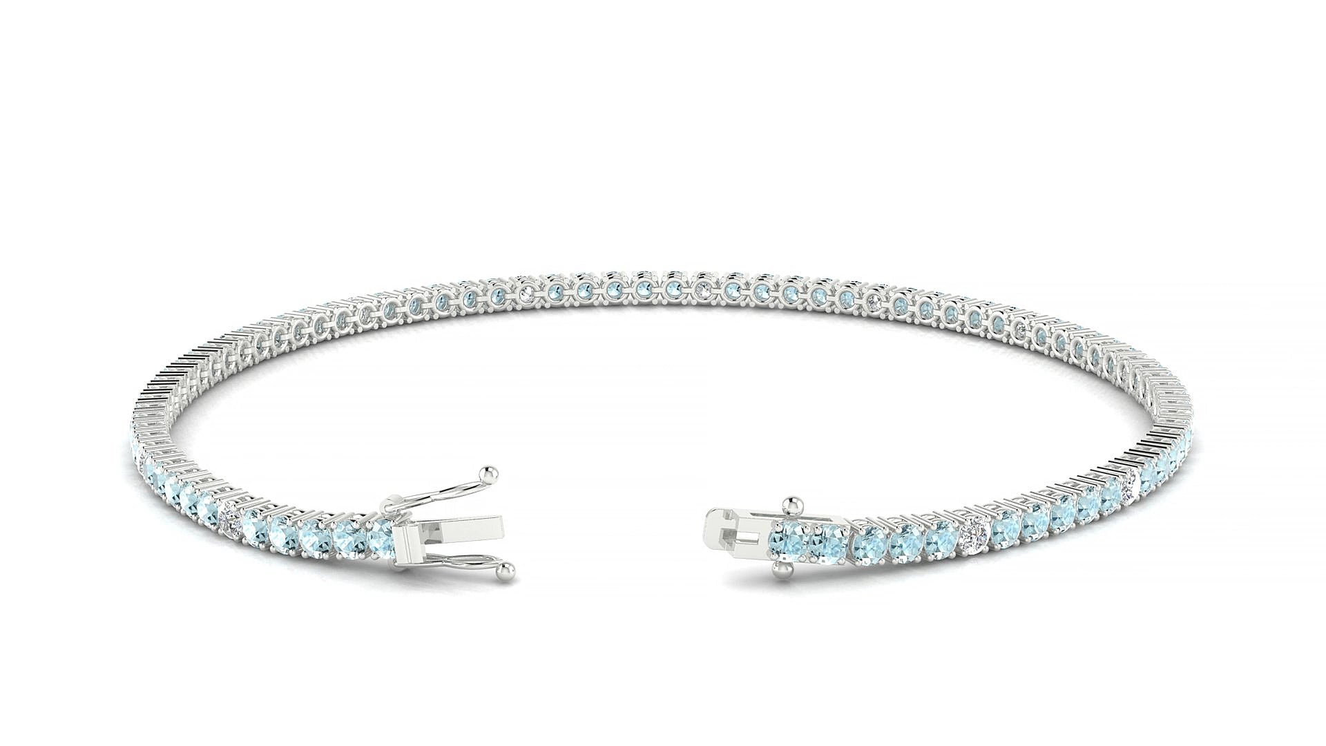 Capri 5-1 | 18k White Gold 2 mm Round Natural Aquamarine & Diamond 19 cm Tennis Bracelet