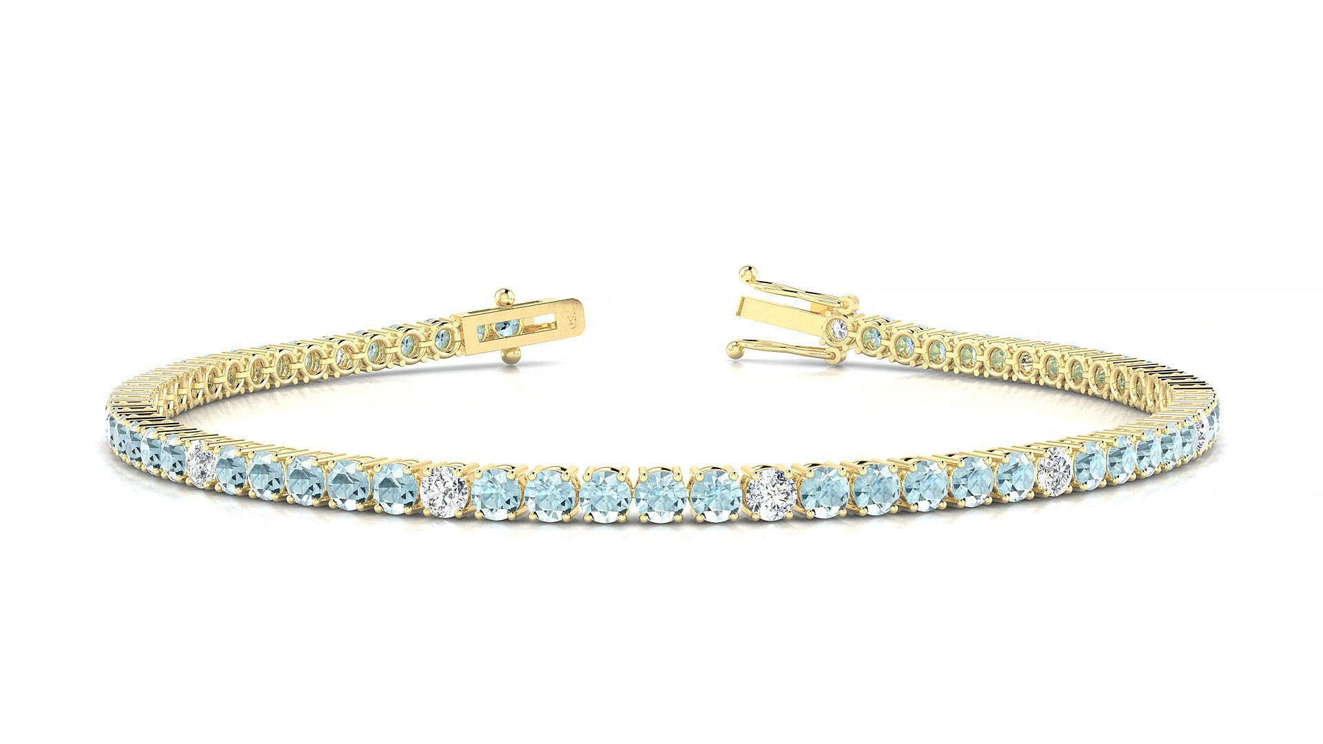 Capri 5-1 | 18k Yellow Gold 2.5 mm Round Natural Aquamarine & Diamond 17 cm Tennis Bracelet