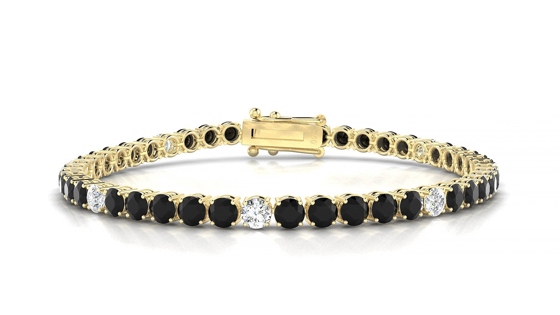 Capri 5-1 | 18k Yellow Gold 3.4 mm Round Natural Black Diamond & Diamond 15 cm Tennis Bracelet