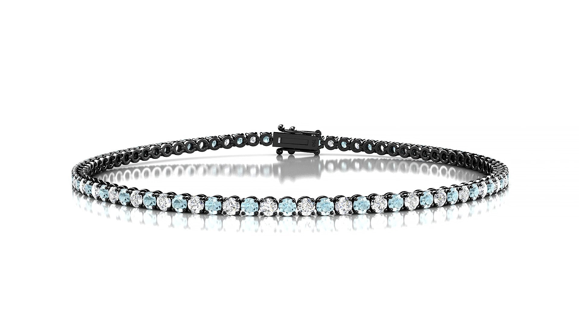 Firenze 1-1 | 18k Black Gold 2 mm Round Natural Aquamarine & Diamond 15 cm Tennis Bracelet