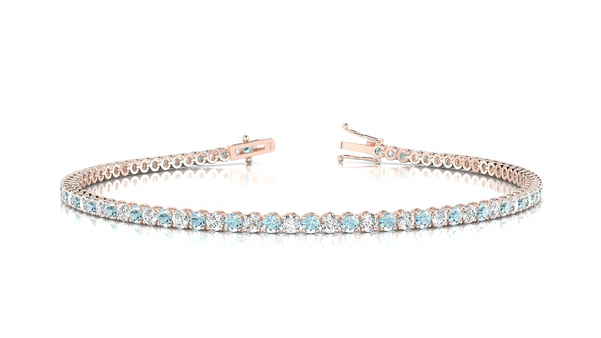 Firenze 1-1 | 18k Rose Gold 2 mm Round Natural Aquamarine & Diamond 15 cm Tennis Bracelet
