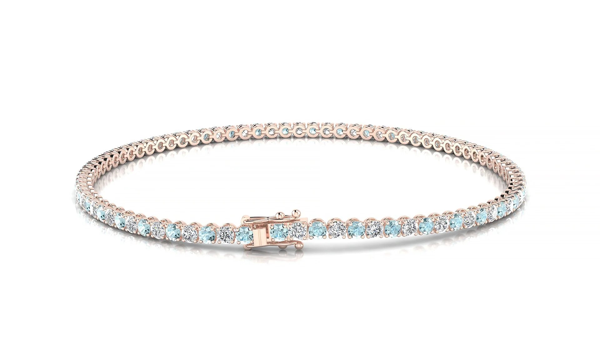Firenze 1-1 | 18k Rose Gold 2 mm Round Natural Aquamarine & Diamond Tennis Bracelet
