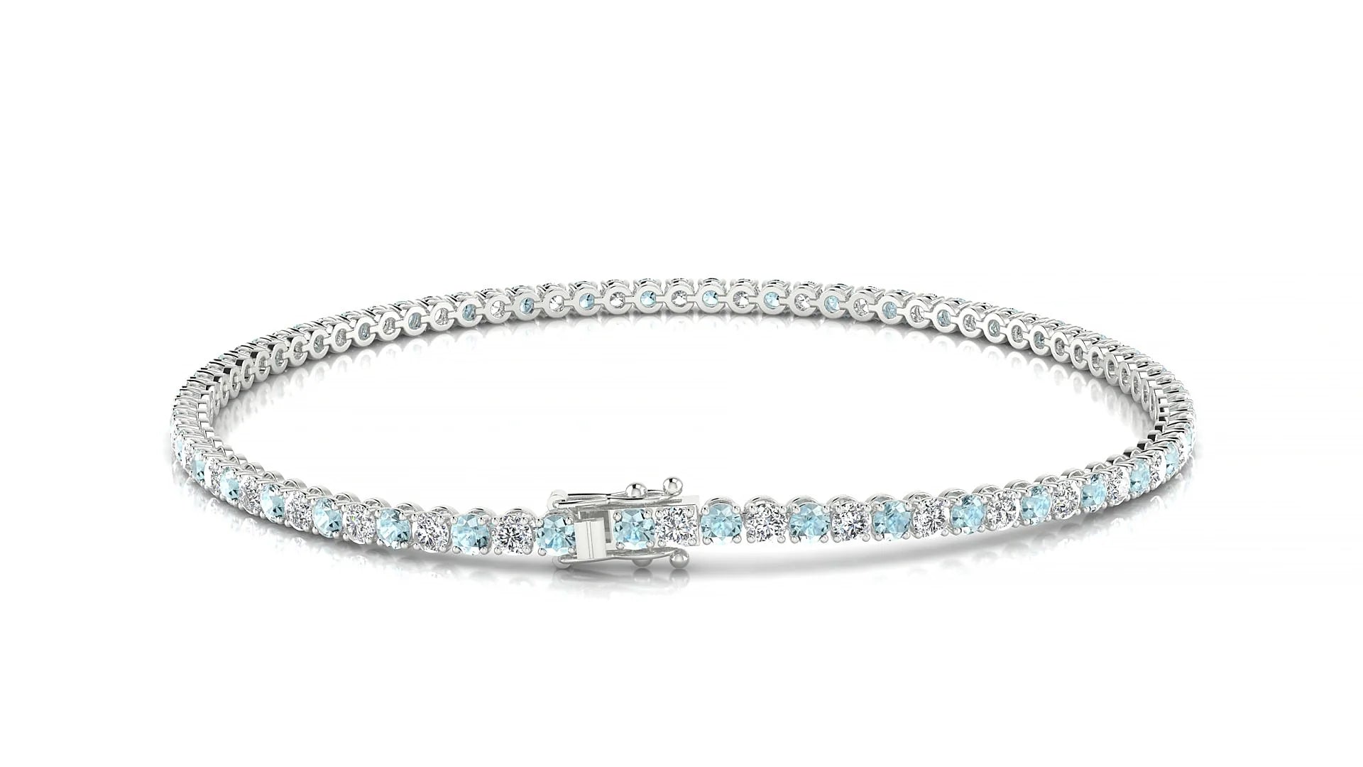 Firenze 1-1 | 18k White Gold 2 mm Round Natural Aquamarine & Diamond Tennis Bracelet