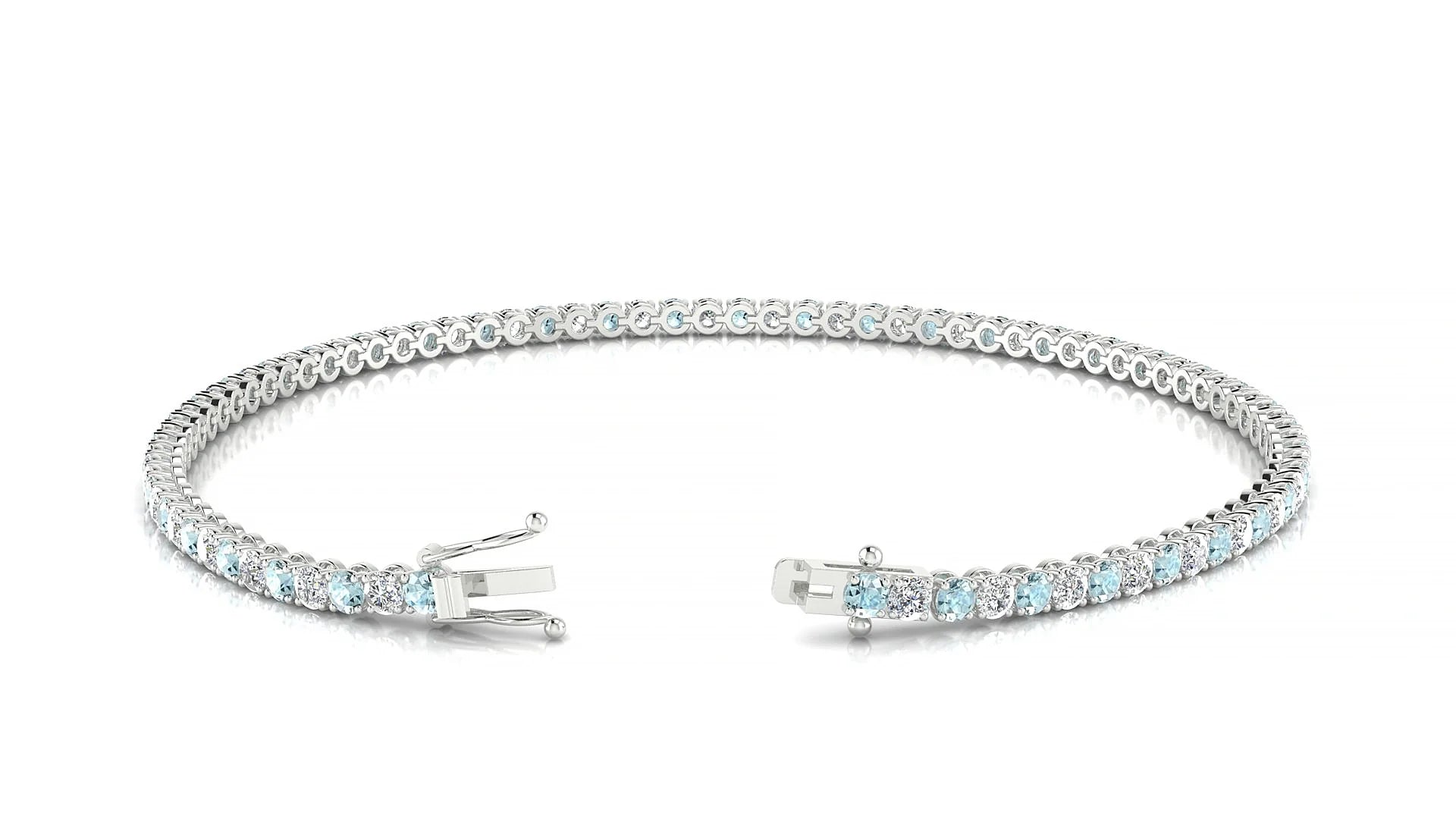 Firenze 1-1 | 18k White Gold 2 mm Round Natural Aquamarine & Diamond Tennis Bracelet