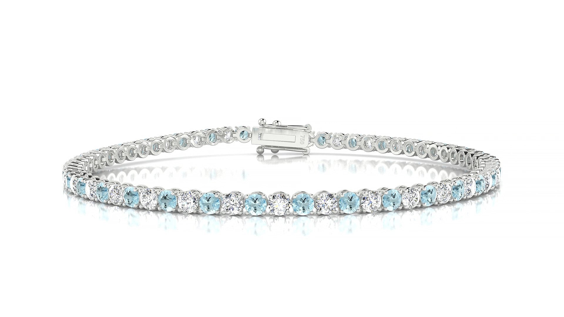 Firenze 1-1 | 18k White Gold 2.5 mm Round Natural Aquamarine & Diamond 15 cm Tennis Bracelet